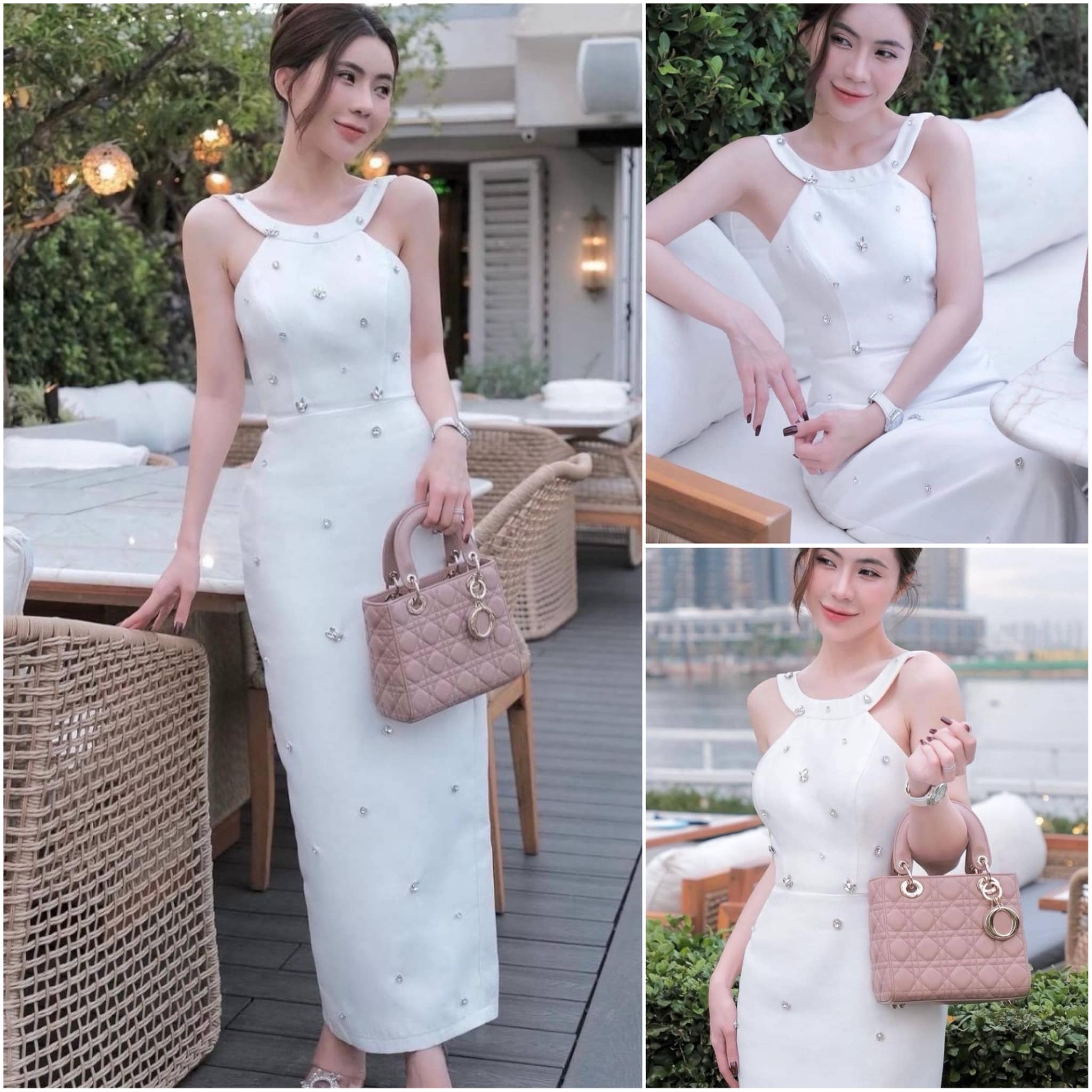 เดรสสีขาวยาว แต่งเพชรทั้งตัว งานละเอียดดีเทลเป็นเย็บมือ เนื้อผ้าอย่างดี มีเสริมฟองน้ำ เรียบๆแบบผู้ดี .ใส่สบาย สินค้าคุณภาพ (พร้อมส่ง)