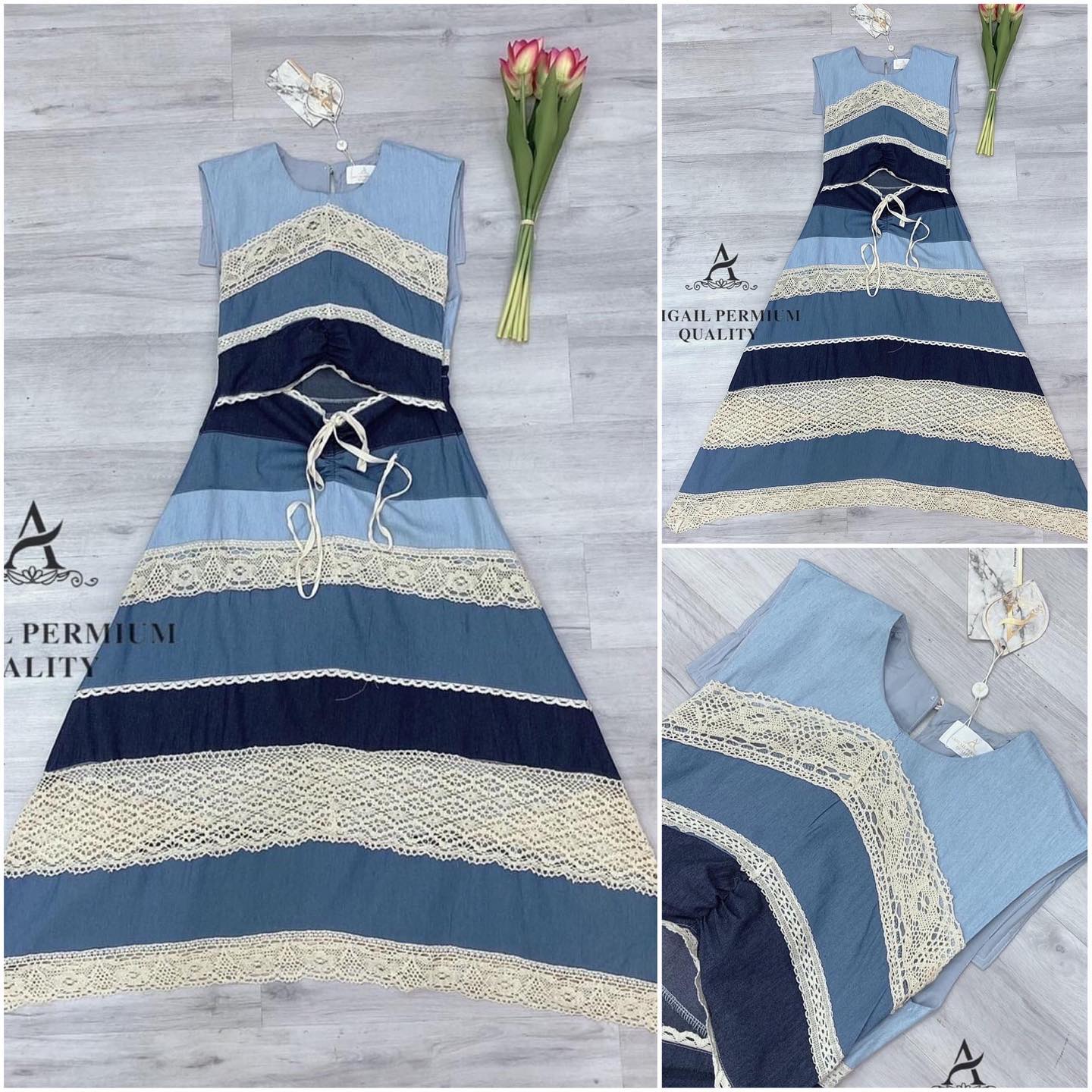 ชุดเดรสคอระบายไหล่รอบตัว ถักทอลูกไม้ฉลุ ขั้นสลับสีผ้ายีนส์เทียม ด้านหน้าดีไซน์เว้าหน้า กระโปรงยาวสลับสีและถักทอขั้นลูกไม้ทรงสั้น มีซับในทั้งตัว สินค้าคุณภาพ (พร้อมส่ง)