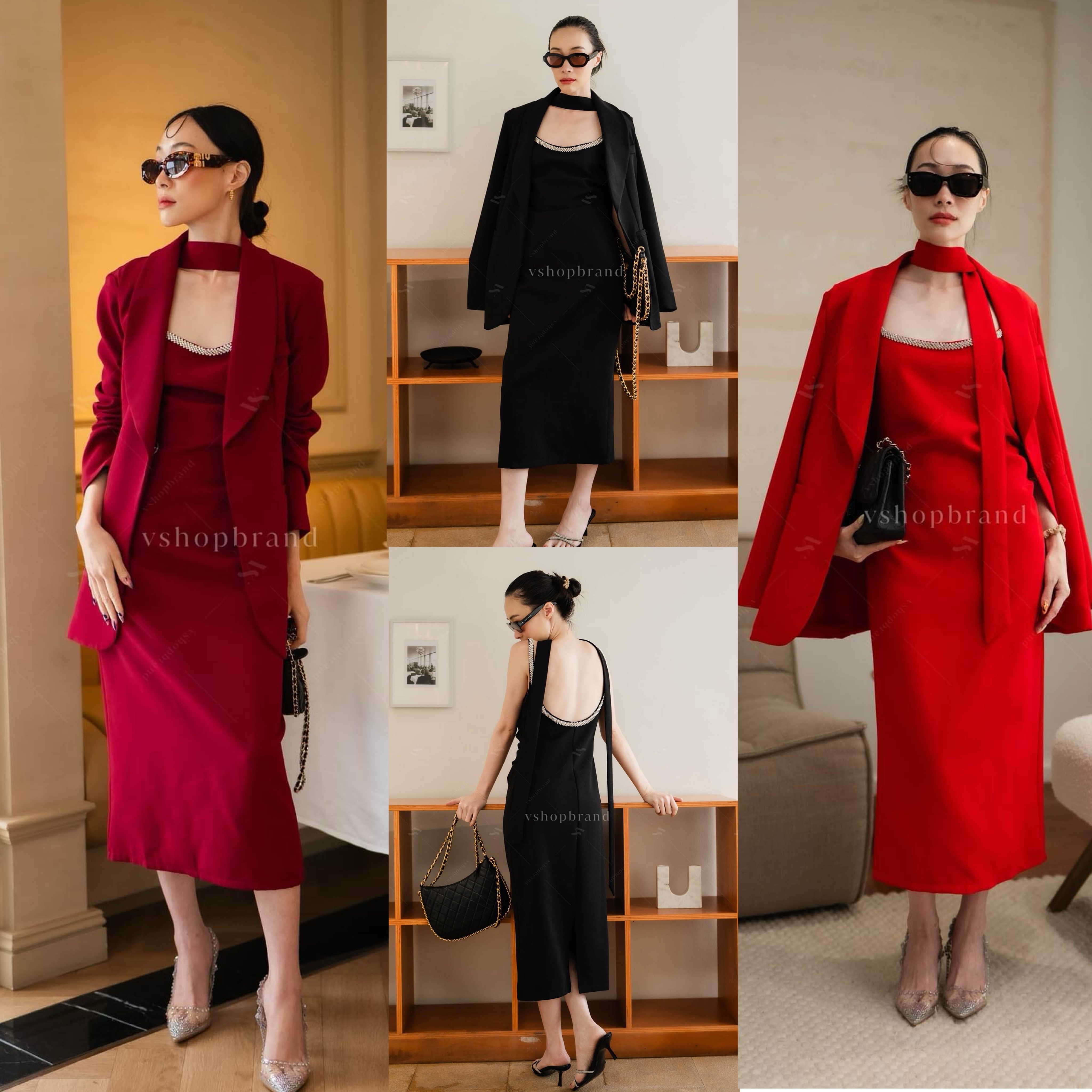 Set เดรสสายเดี่ยวขอบเพชร + เสื้อสูท + เชือก สินค้าคุณภาพ (พร้อมส่ง)