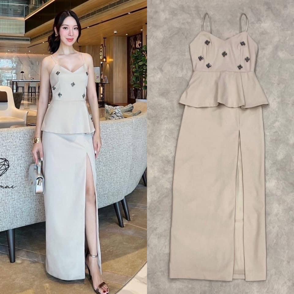 เดรสสายเดี่ยวสีแดงเลือดหมูปักเพชร ช่วงเอวทรงผ่าหน้าสูง ใส่สวยเข้ารูป ใส่สบาย : สินค้าคุณภาพ (พร้อมส่ง)