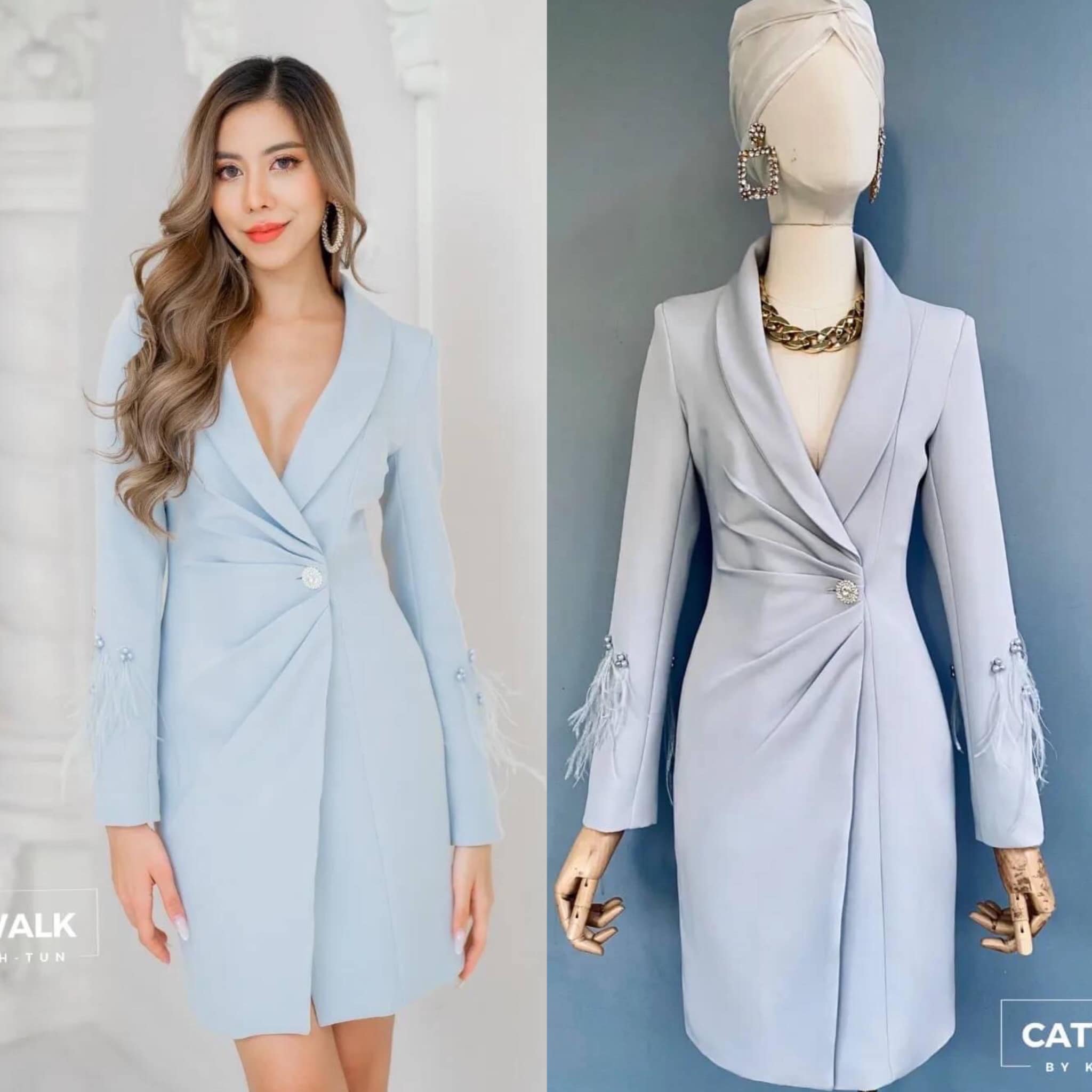 เดรสป้ายหน้า แต่งขนนกแขน เนื้อผ้าเกรดเอ เนื้อนุ่มใส่สบาย ตัวชุดเป็นทรงเข้ารูป ด้านหน้าป้ายกัน ปกตัว ชุดเป็นคอกล้วย จับจีบช่วงเอวแต่งกระดุมเพ็ชร ดูหรูมาก สินค้าคุณภาพ (พร้อมส่ง)