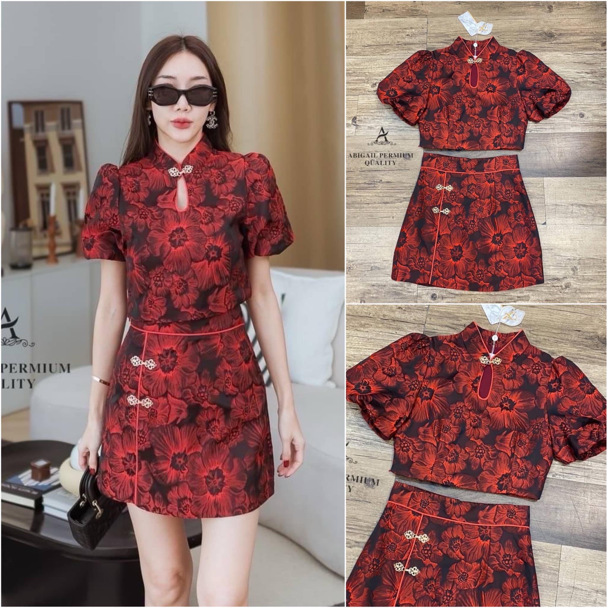 เซต 2 ชิ้น เสื้อแขนสั้นคอจีนติดกุ๊นคอ แขนพอง น่ารักแมทกับกระโปรงเอวสูง สินค้าคุณภาพ (พร้อมส่ง)