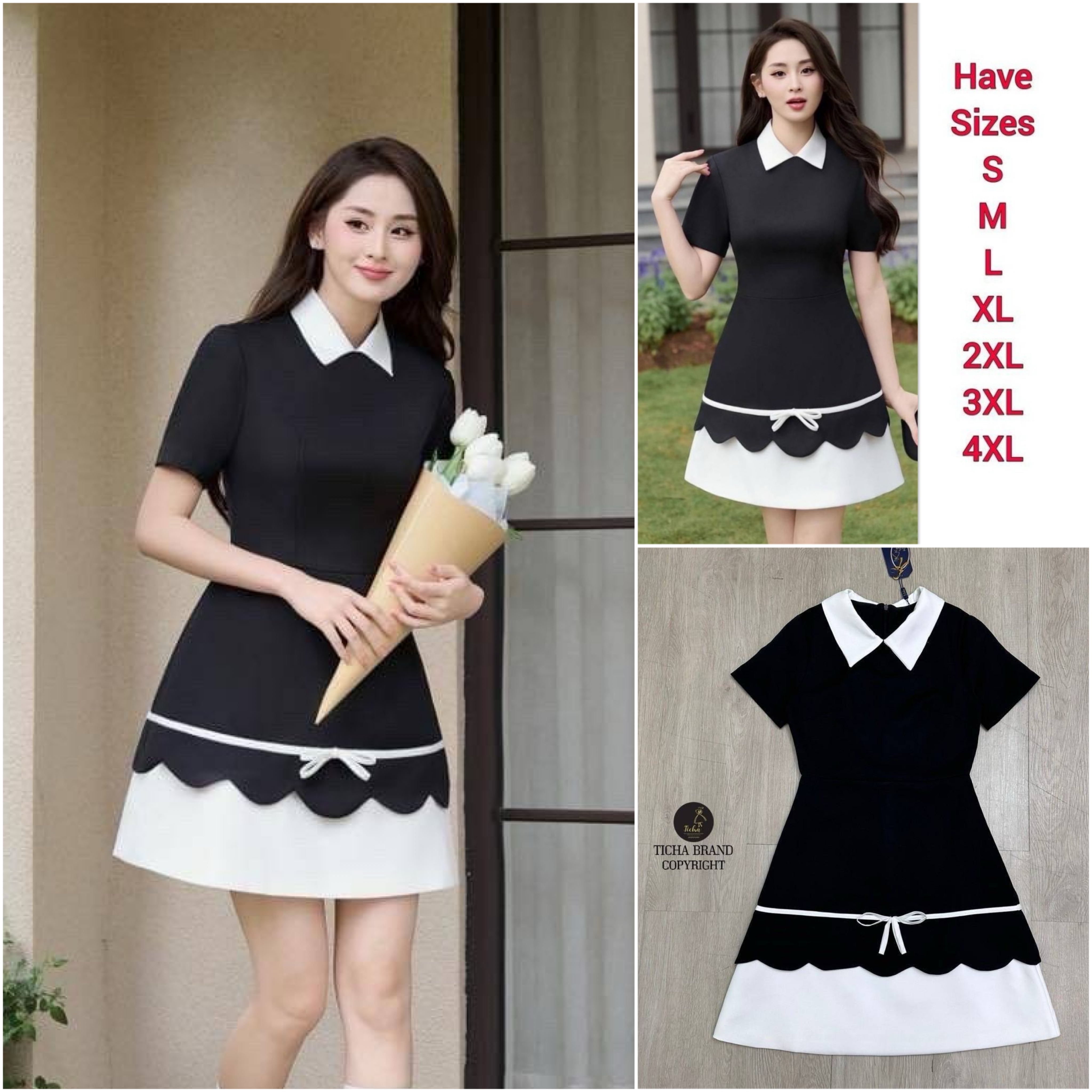 มินิเดรสสีดำคอปกสีขาวแขนสั้น ช่วง อกเรียบ ( มีซิปหลังซ่อนอย่างดี ) ตัวเดรสทรง เข้ารูป ใส่สบาย : สินค้าคุณภาพ (พร้อมส่ง)