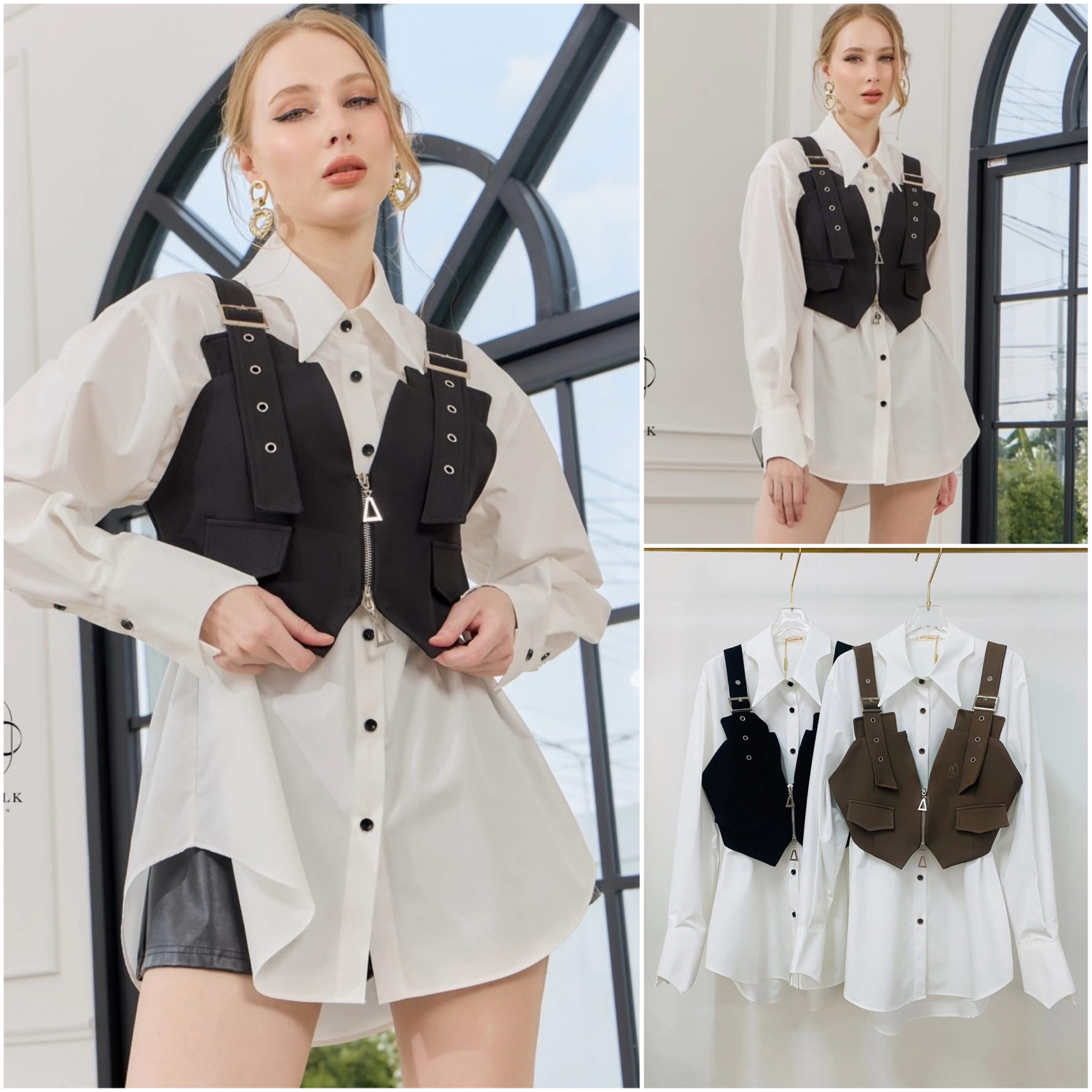 Setเสื้อเชิ้ตแขนยาว+เสื้อครอปกั๊กสุดเก๋ เนื้อผ้าเกรดเอ ใส่สบาย : สินค้าคุณภาพ (พร้อมส่ง)