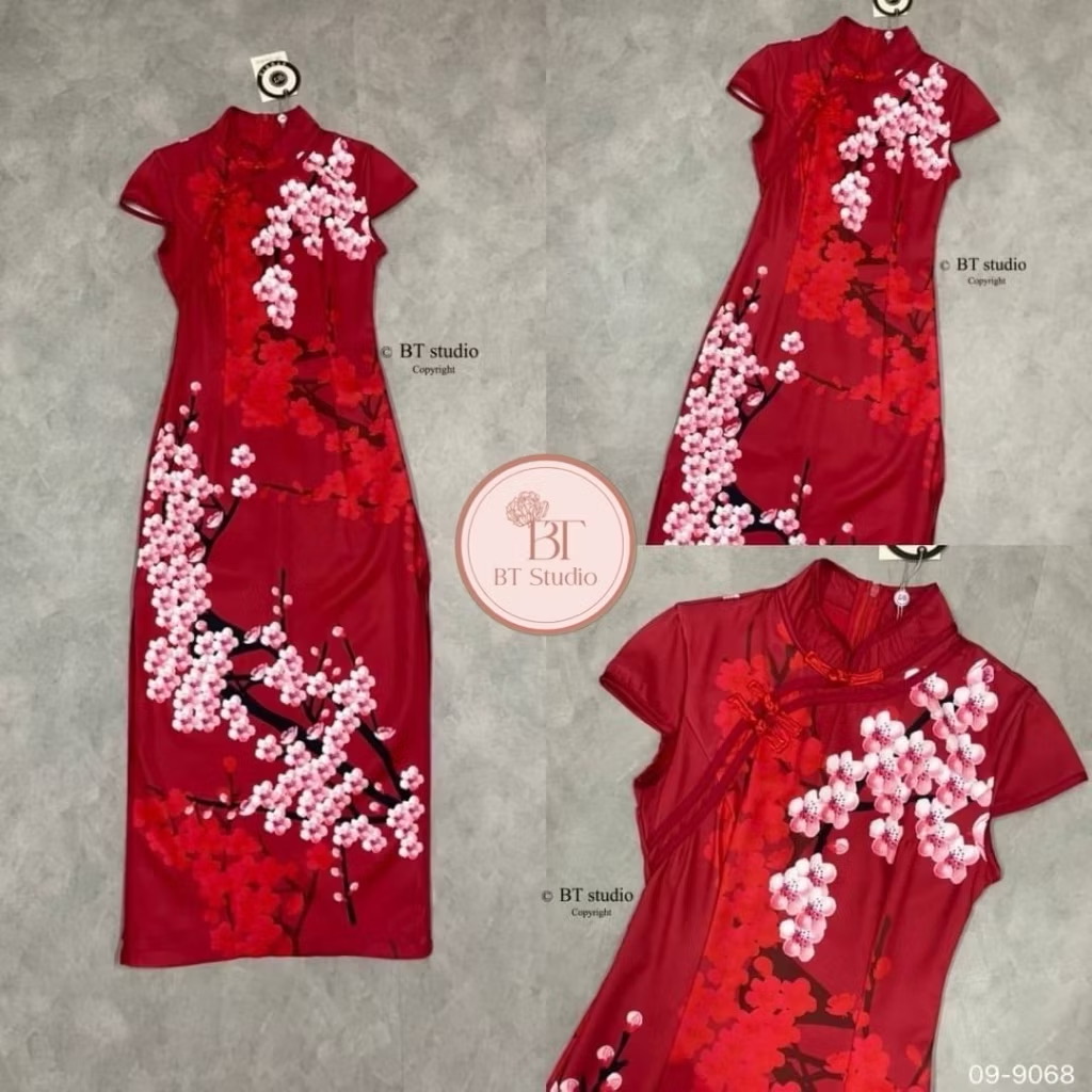 เดรสกี่เพ้า แต่งคอจีน พื้นสีพิมพ์ลายสวยม๊าก ห้ามพลาดเลยคร้าา limited ม๊ากคร้า ใส่สบาย : สินค้าคุณภาพ (พร้อมส่ง)