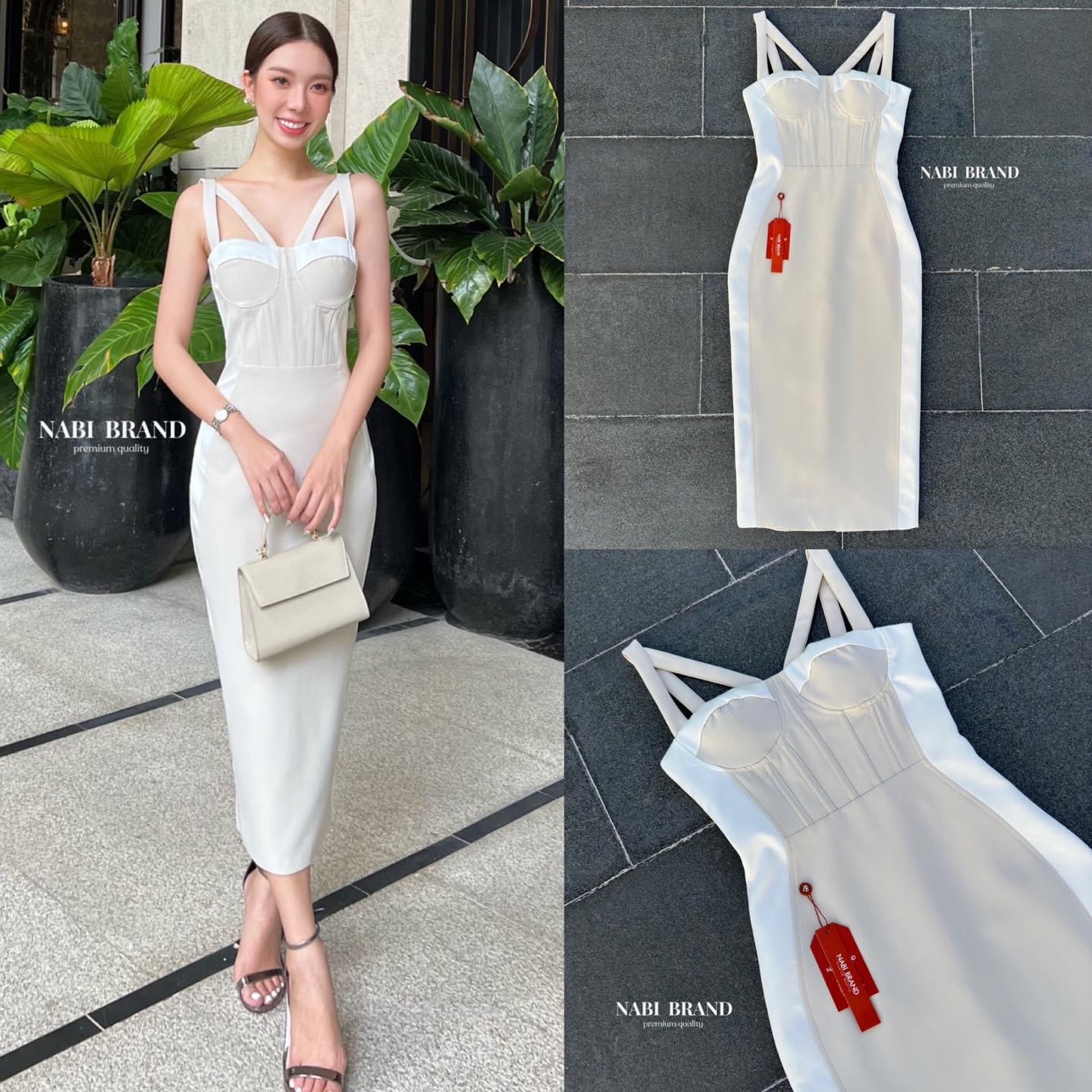 เดรสยาวหรูสีขาวครีมทรงเข้ารูป โครตสวยหรู ดีไซน์แต่งเนื้อผ้าเงาที่ขอบเดรส แต่งสายเดี่ยวพาดอกแบบเรียบหรู งานซิปหลัง ใส่สบาย สินค้าคุณภาพ (พร้อมส่ง)