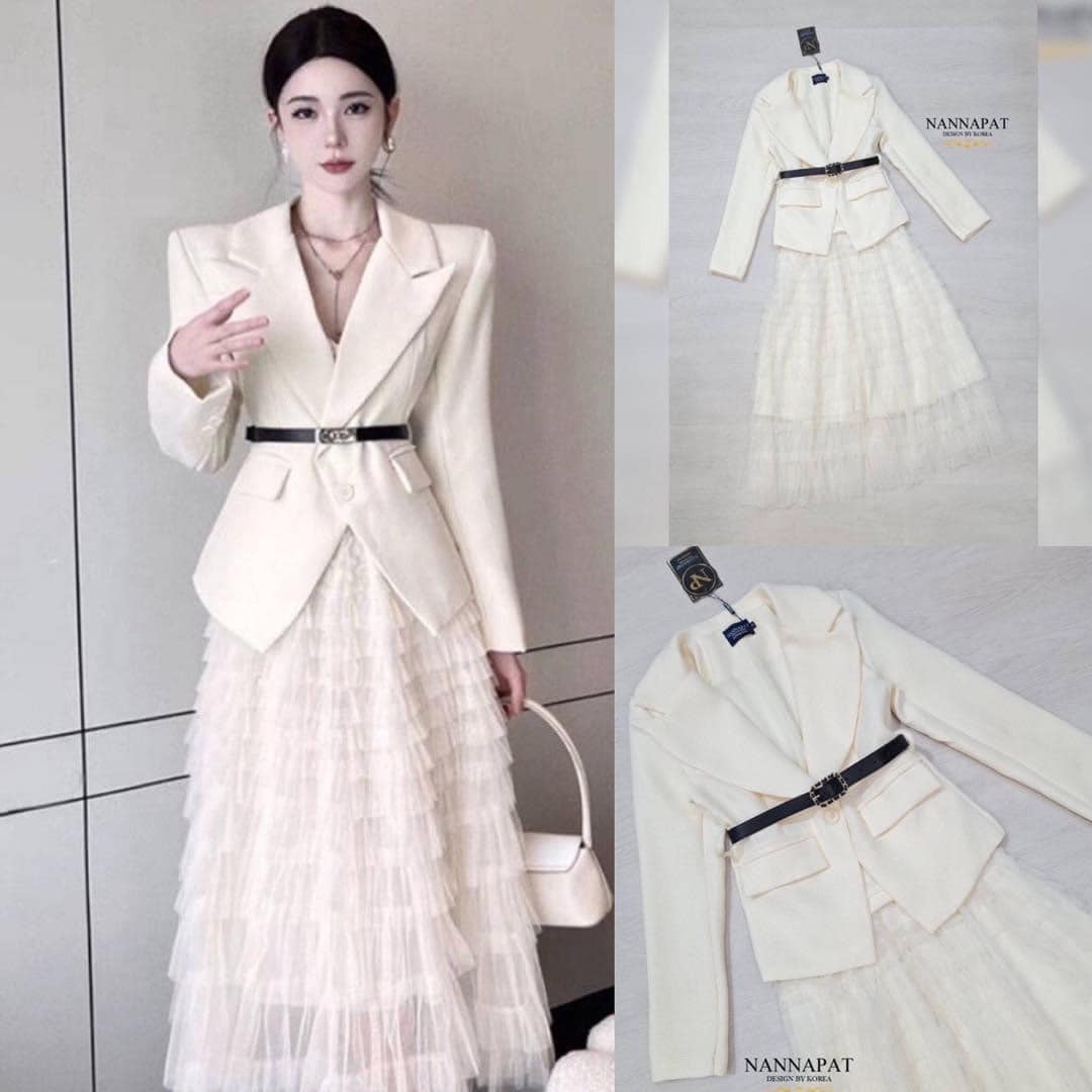 ชุด3ชิ้น สูท+กระโปรงยาว+เข็มขัด เรียบหรู ดูแพง เอาใจสาวๆ ออฟฟิศ working women สินค้าคุณภาพ (พร้อมส่ง)