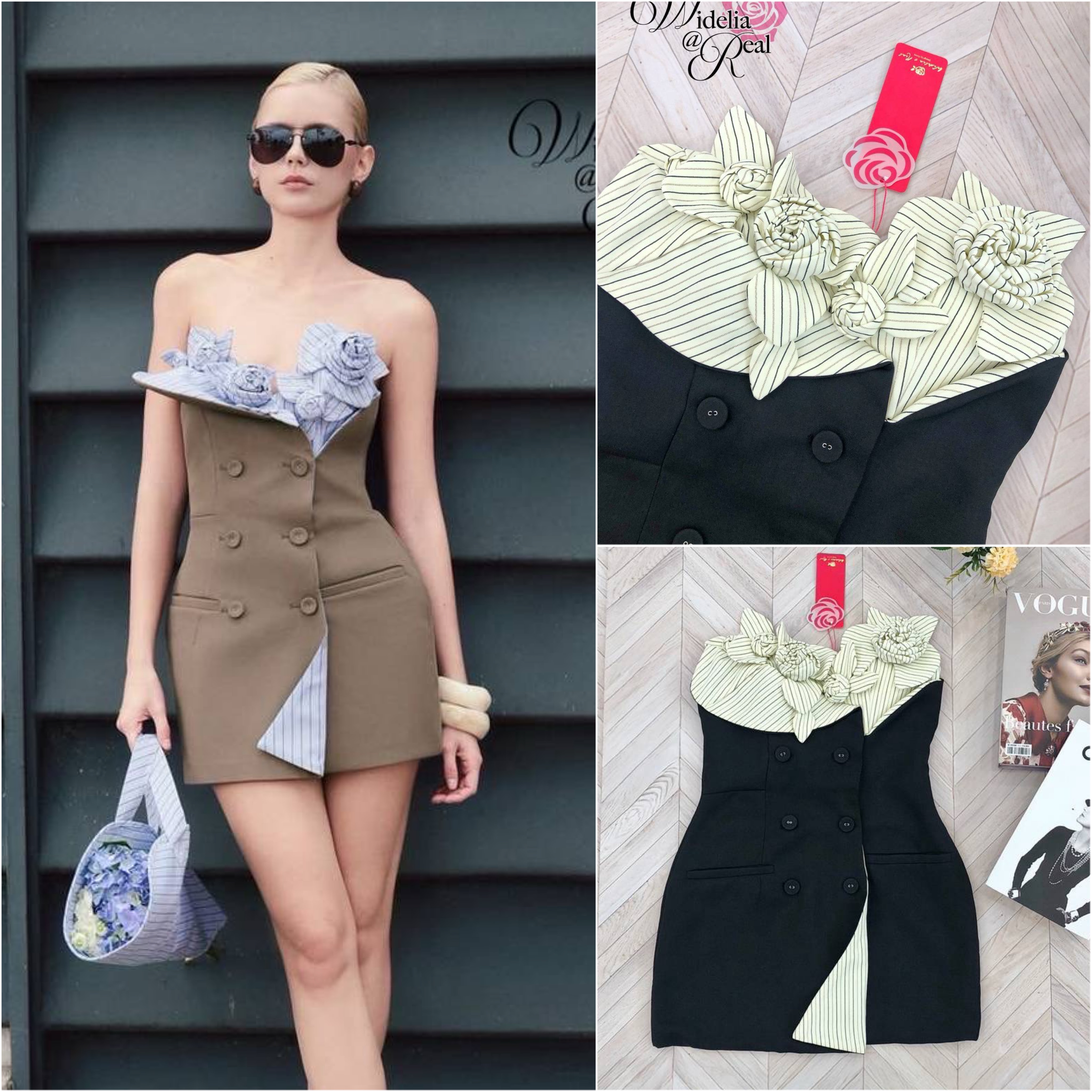 Dress เดรสเกาะอก อกเย็บดอกไม้ป๊อบอัพ อกมีฟองน้ำ ซิปหลัง แต่งกระดุมหน้า เนื้อผ้าหนา มีน้ำหนัก ชุดนี้งานสวยค่ะ ทรงเป๊ะมากๆ ใส่สบาย : สินค้าคุณภาพ (พร้อมส่ง)