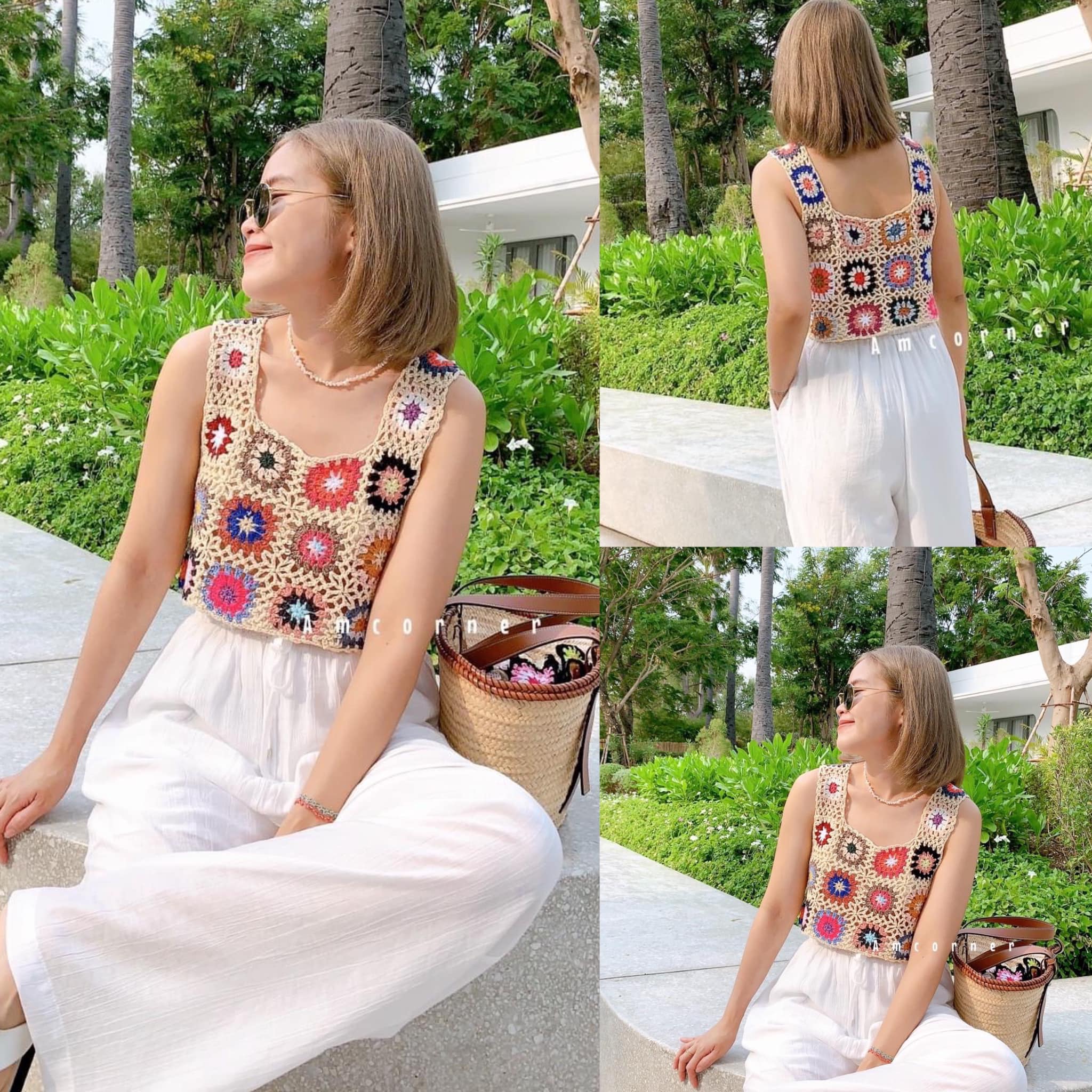 เสื้อผ้าถักลายดอกดอกไม้ ด้านบนเป็นสายเดี่ยว ลำตัวเป็นทรงปล่อยๆ ความยาวเป็นทรงครอป : สินค้าคุณภาพ (พร้อมส่ง)