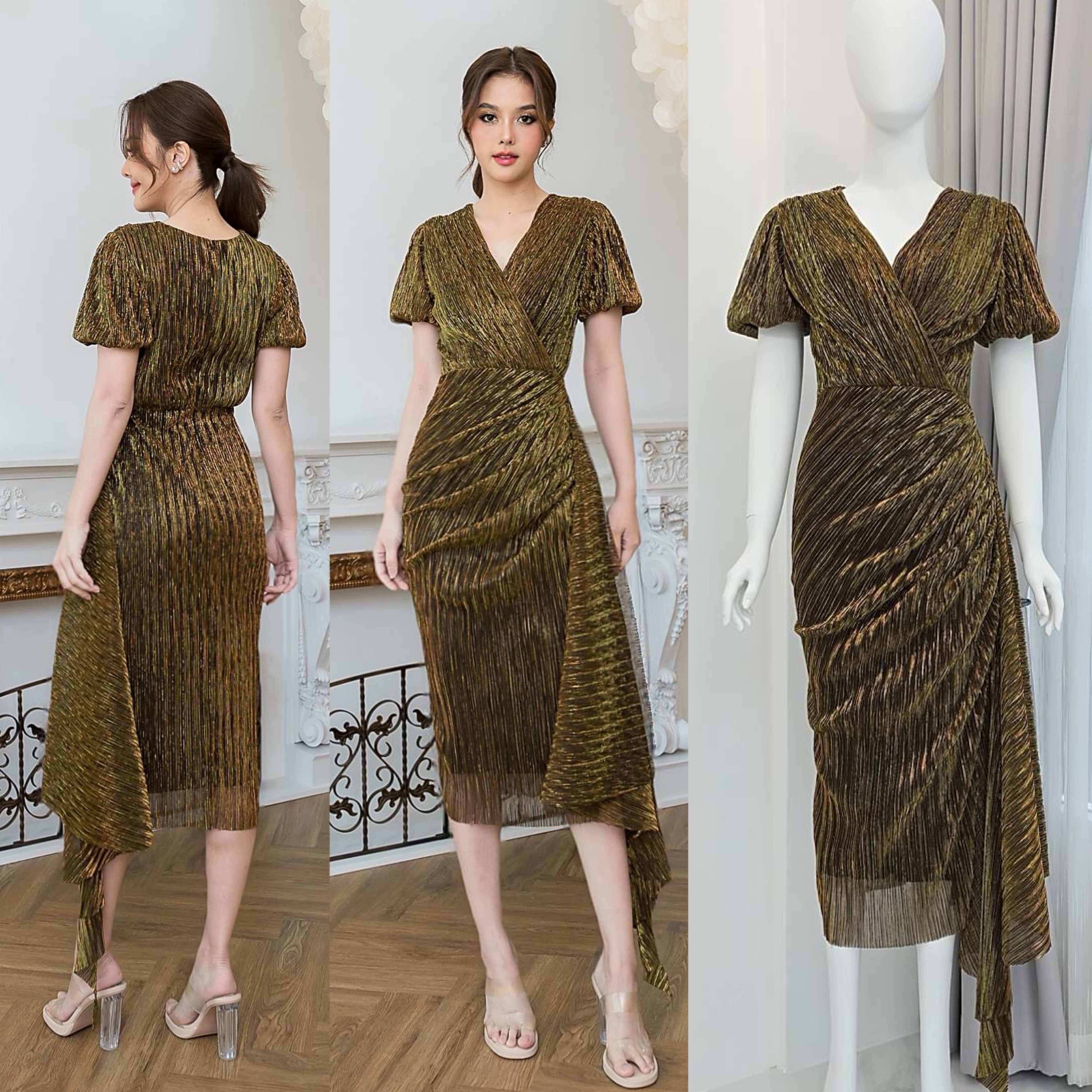 เดรสเสื้อคอป้าย แขนบอลลูน กระโปรงทรง สอบจับเดรป แต่งชายระบายยาว ใส่สบาย : สินค้าคุณภาพ (พร้อมส่ง)