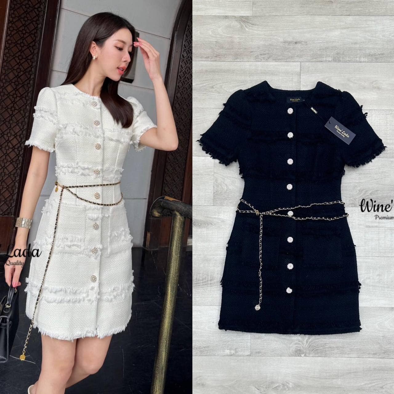 Dress 2 Pcs. มินิเดรส เดรสสั้นสีขาว งานจริงสวยมากค่ะ แต่งกระดุมเพชรด้านหน้าใช้งานได้จริง มีเข็มขัดโซ่อีกหนึ่ง ใส่สบาย : สินค้าคุณภาพ (พร้อมส่ง) สำเนา