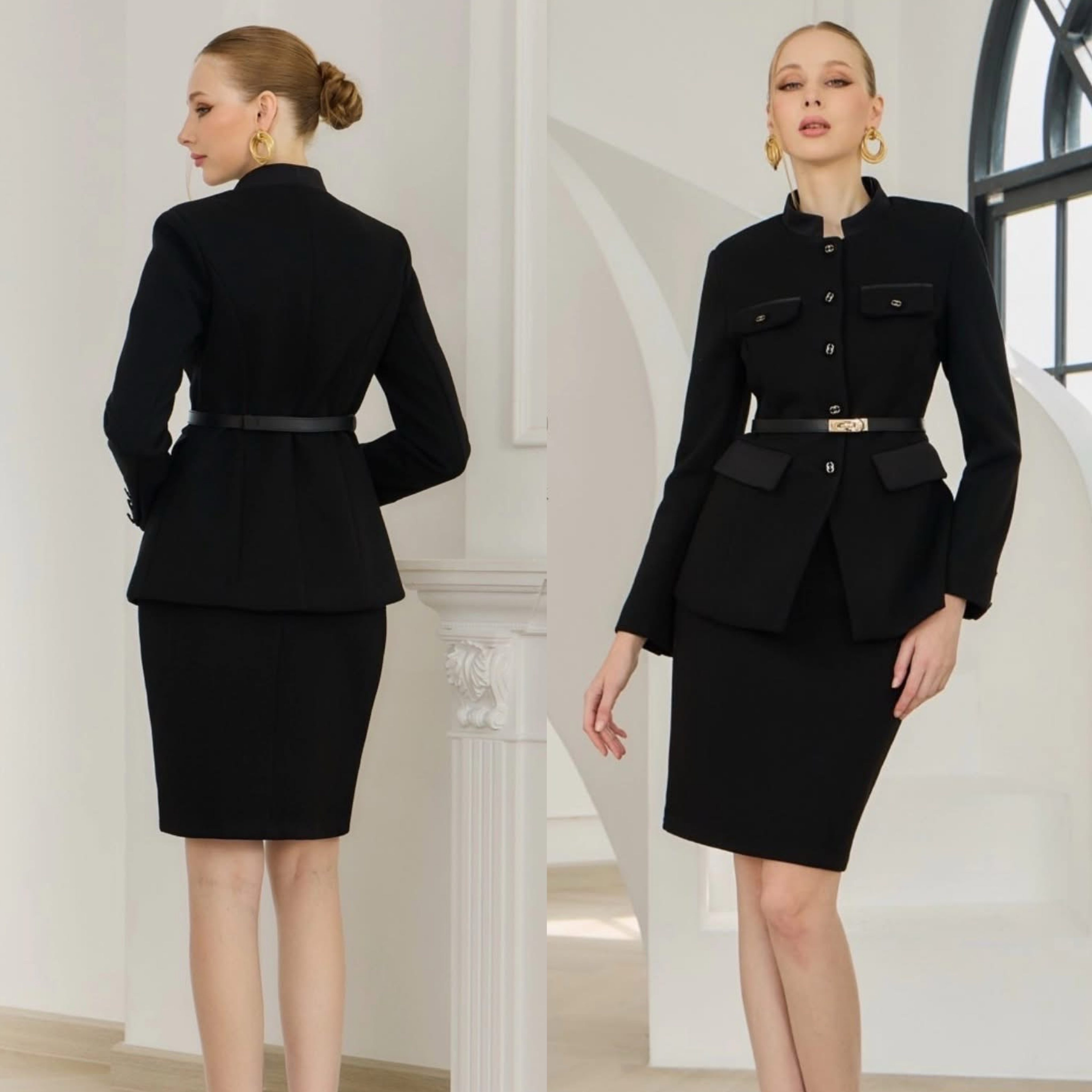 Set tweed Blazer+belt+skirt เนื้อผ้าทวีตทอลายสวย ตัวเสื้อเป็นทรงกึ่งเข้ารูป แต่งกระเป๋าด้านหน้า 4 จุด ตัดขอบกระเป๋าด้วยผ้าเครปกึ่งเงาโทนสีดำ แต่งกระดุมดำแต่งสีทอง+เข็มขัดหนังหัวทอง ใส่สบาย งานคุณภาพ (พร้อมส่ง)