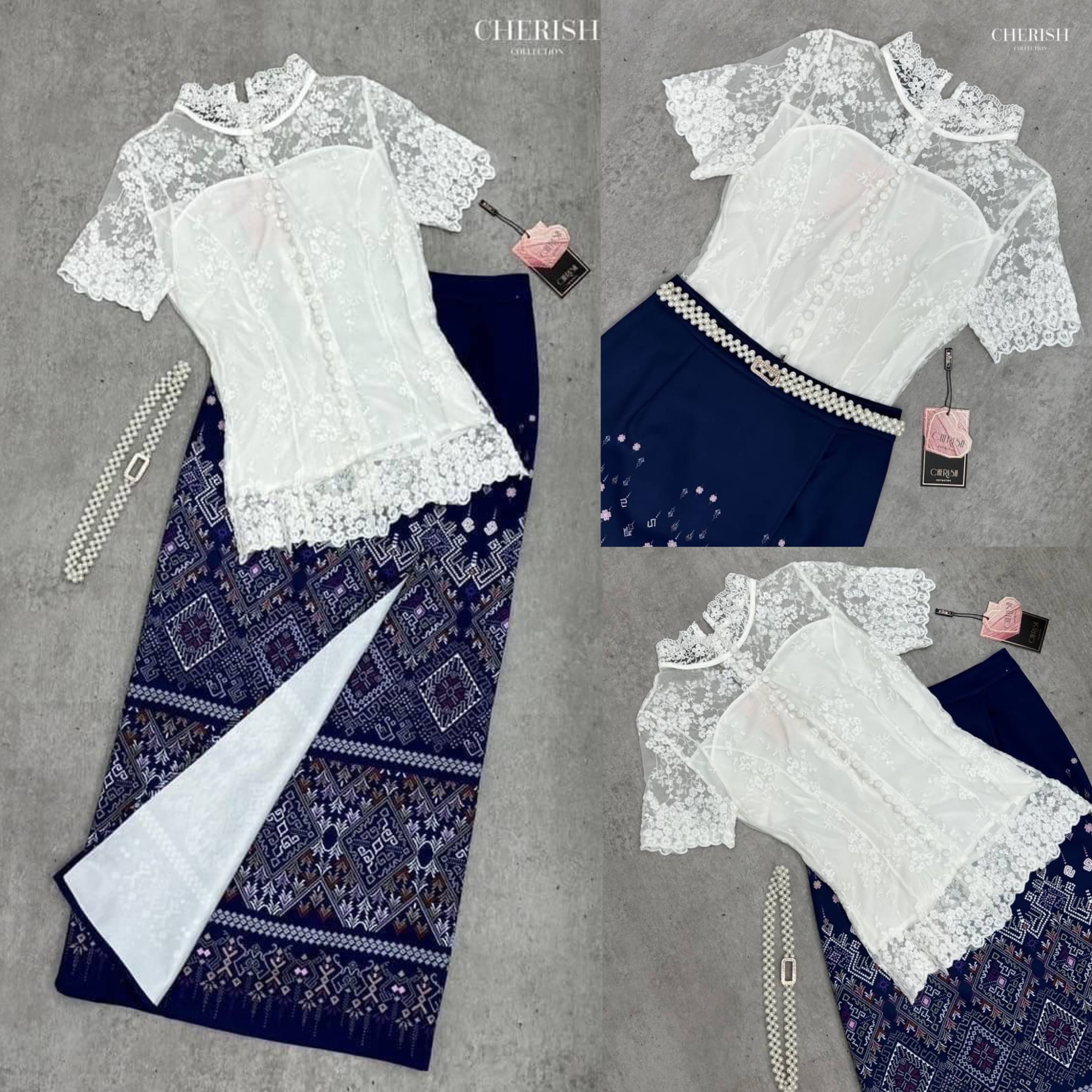 ชุดไทย เซ็ตงานบุญ 3 ชิ้น เสื้อลูกไม้เนื้อผ้าฝรั่งเศสเสริมซับในอย่างดี ใส่คู่ผ้าถุงสำเร็จเนื้อผ้าใส่สบาย จัดเข็มขัดมุกเกรดดีมาให้ครบเซ็ต สินค้าคุณภาพ (พร้อมส่ง)