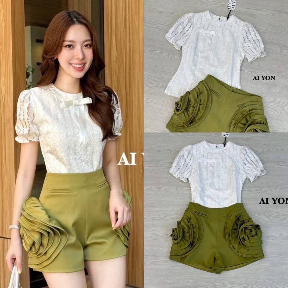 Set เสื้อคอกลมแขนทรงตุ๊กตา ทรงพอดีตัว +กางเกงขาสั้นแต่งดอกไม้ ใส่สบาย : สินค้าคุณภาพ (พร้อมส่ง)