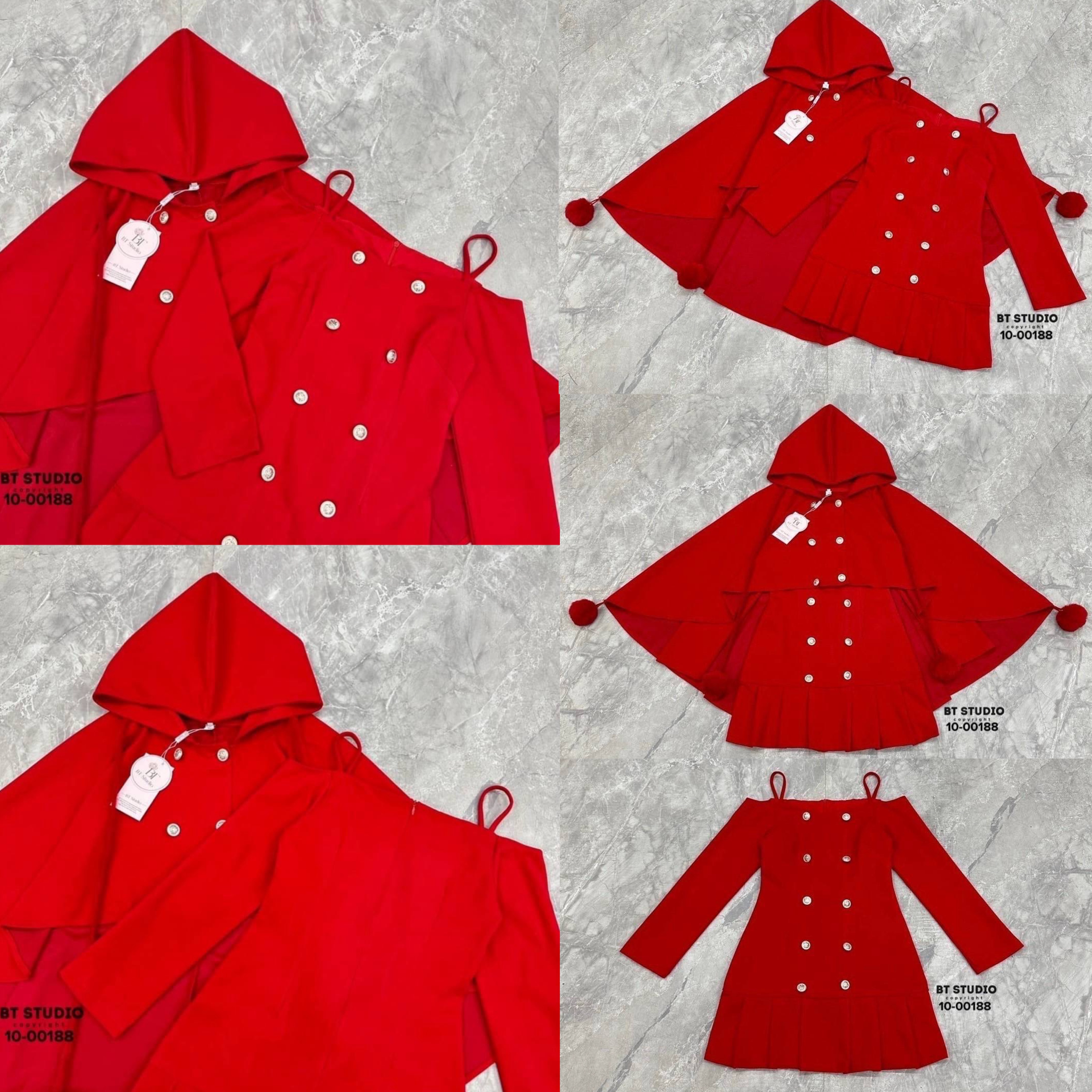 เซท 2 ชิ้น เสื้อคลุมแต่งฮูดกระดุมหน้า หน้าสั้นหลังยาว แมทซ์กับเดรสสายเดี่ยวปาดไหล่แต่งแขนยาว สินค้าคุณภาพ (พร้อมส่ง)