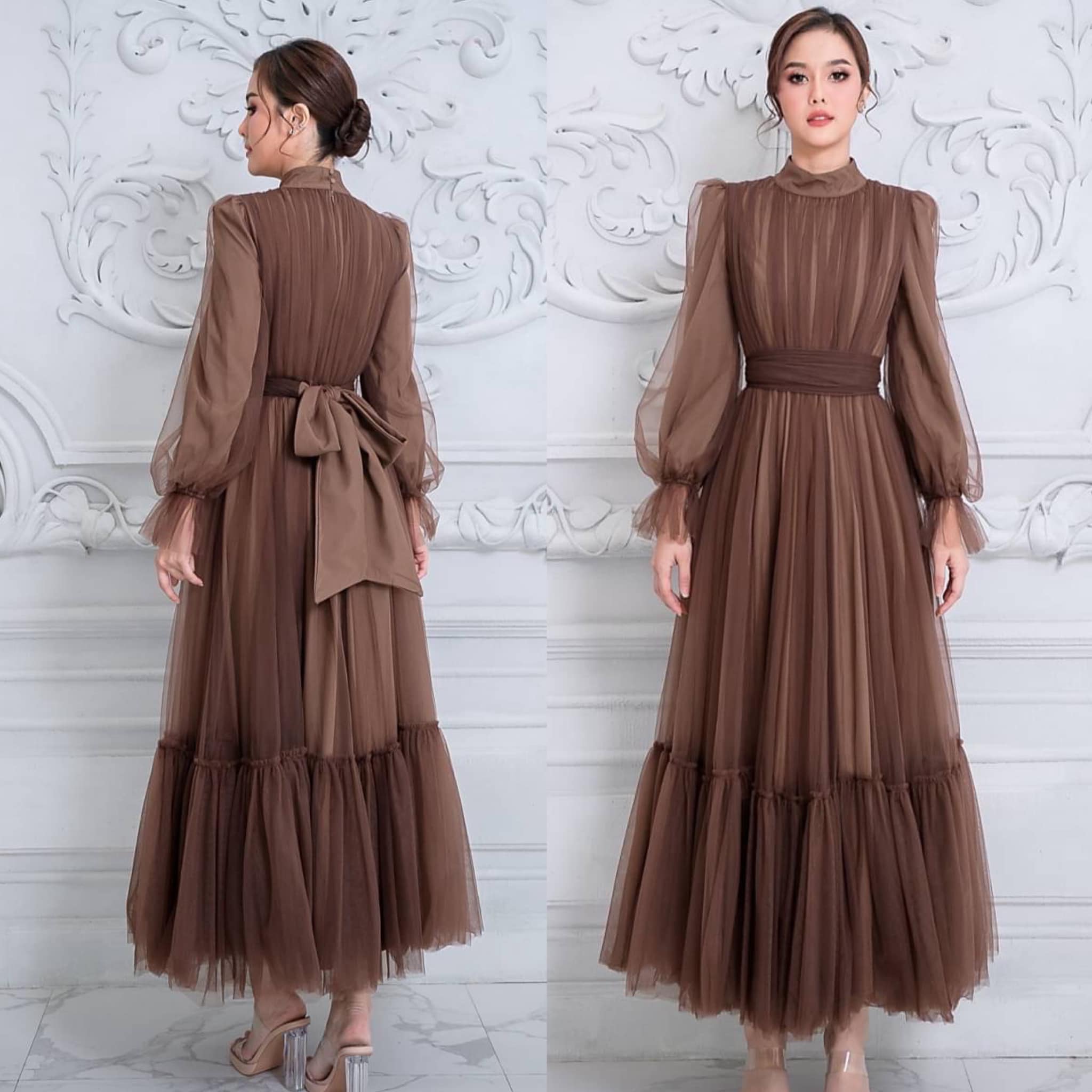 แม็กซี่เดรสเสื้อคอปีนแขนยาว กระโปรงบาน ต่อชายรูดระบายรอบตัว มีโบว์ผูกเอว คัตติ้ง ประณีต ใส่สบาย สินค้าคุณภาพ (พร้อมส่ง)