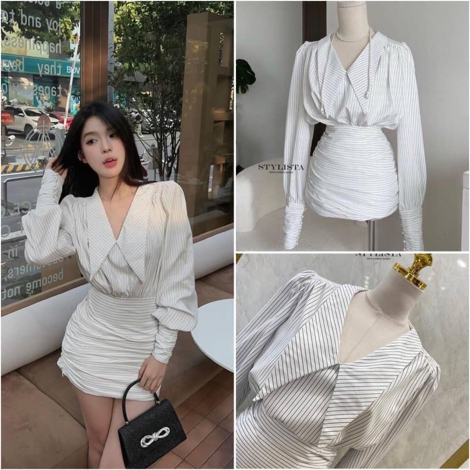 เดรสคอปก แขนยาว ทรงพอดีตัว ผ้าลายทางเล็ก ใส่สวยมากๆ ใส่สบาย : สินค้าคุณภาพ (พร้อมส่ง)