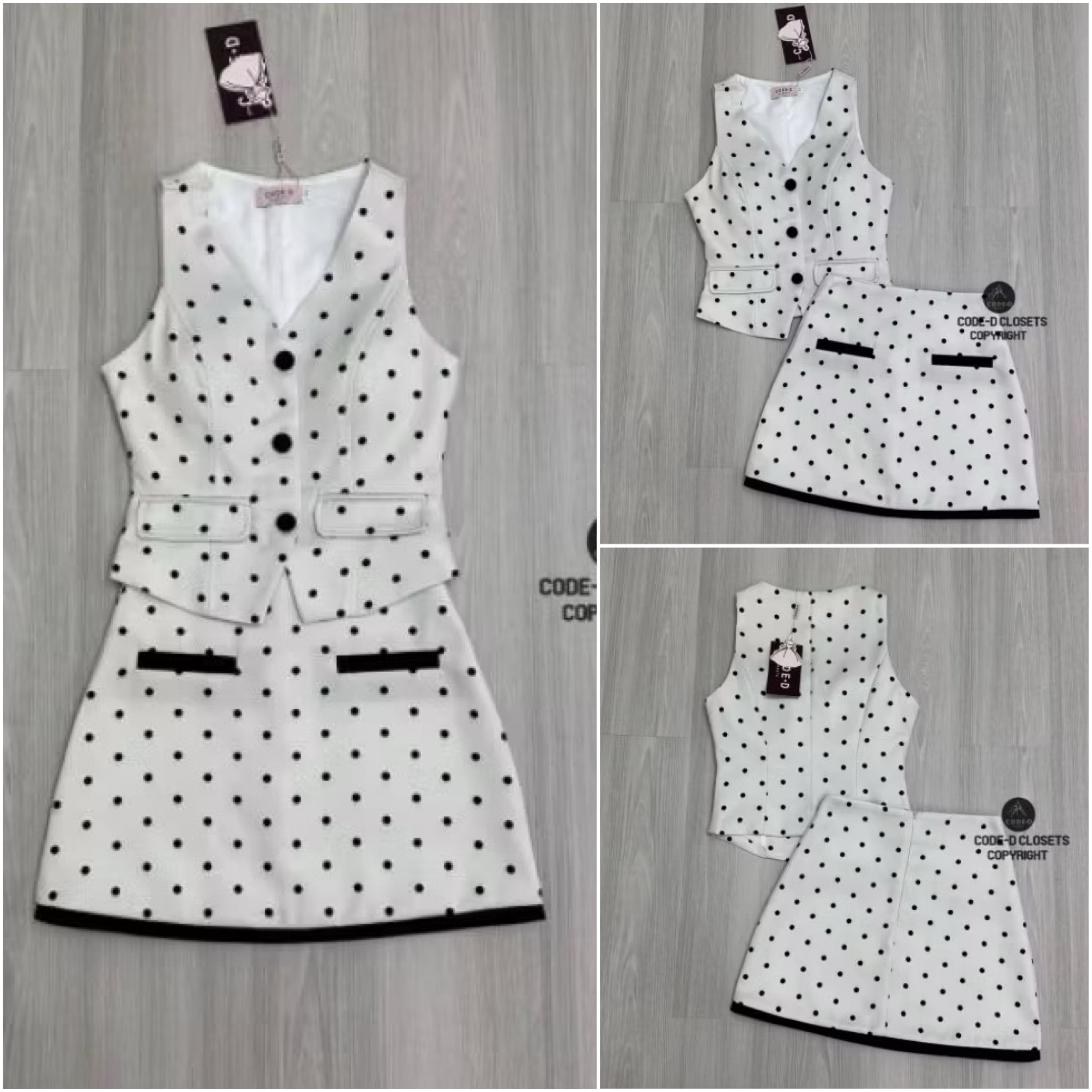 Set 2 ชิ้นลายจุด เสื้อแขนกุด ดีเทลกระดุมหน้า และแต่งปกกระเป๋าหลอกเก๋ๆ ทรงเข้ารูปสวย มาคู่กับกระโปรงสั้น แต่งกุ๊นดำ มีซิปหลัง ใส่สบาย : สินค้าคุณภาพ (พร้อมส่ง)