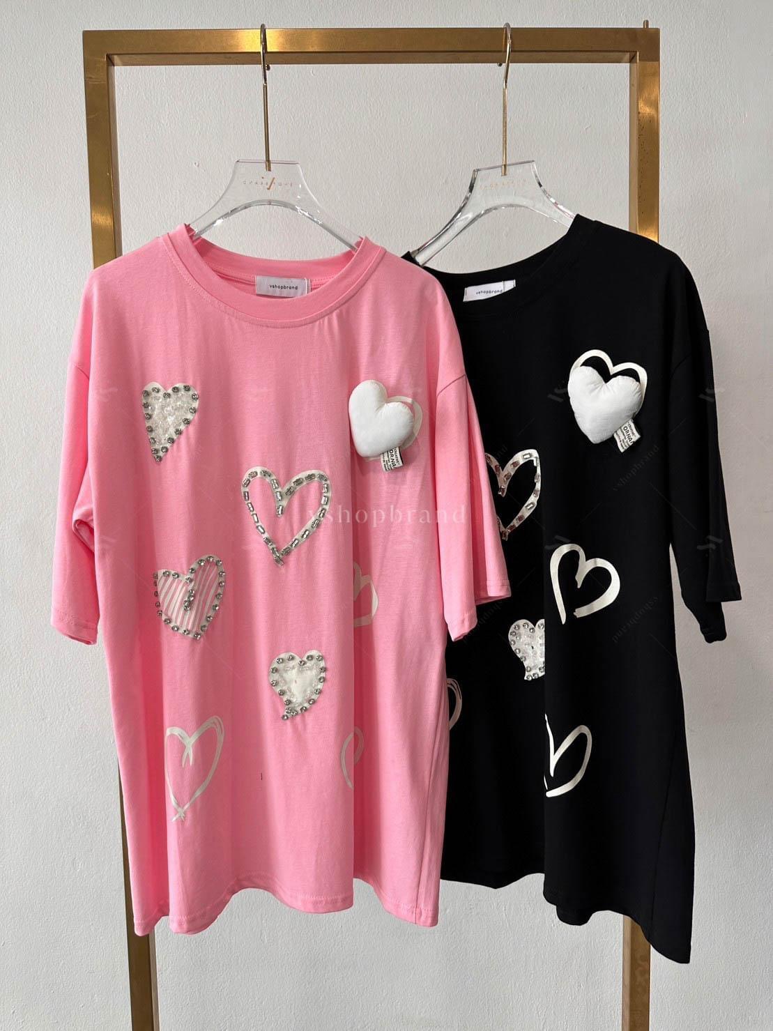 เสื้อยืดหัวใจหลายดวง ติดเพชร : สินค้าคุณภาพ (พร้อมส่ง)