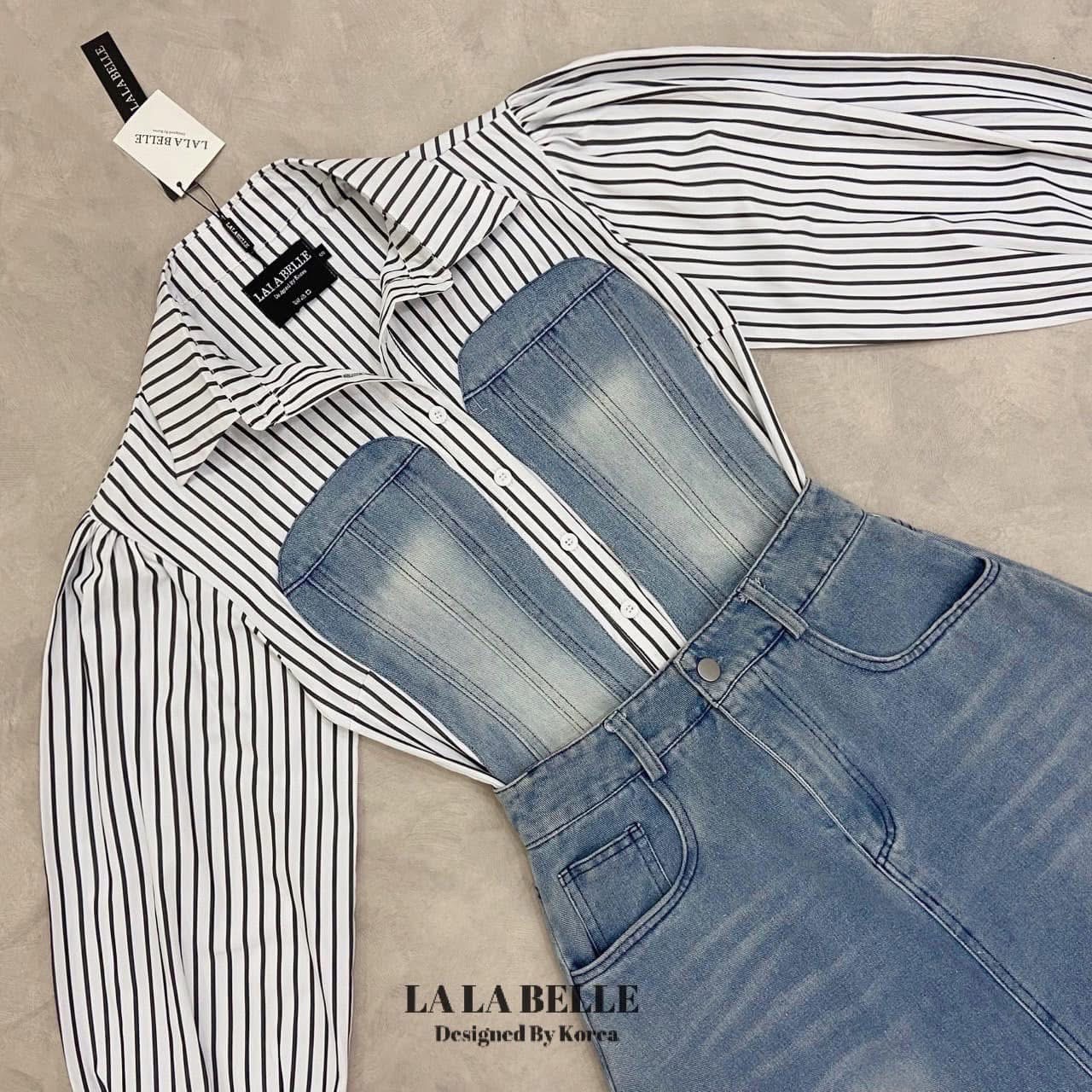 เซต2ชิ้น เสื้อเชิ้ตลายริ้วกระดุมหน้าแขนยาวปลายแขนจั้มช่วงอกเสื้อแต่งเป็นผ้ายีนฟอง ทรงเสื้อเชิ้ตเกาหลีสุดๆใส่คู่กับกระโปรงยีนส์ฟอกทรงบานเจ้าหญิงทรงสวยมาก ใส่สบาย : สินค้าคุณภาพ (พร้อมส่ง)