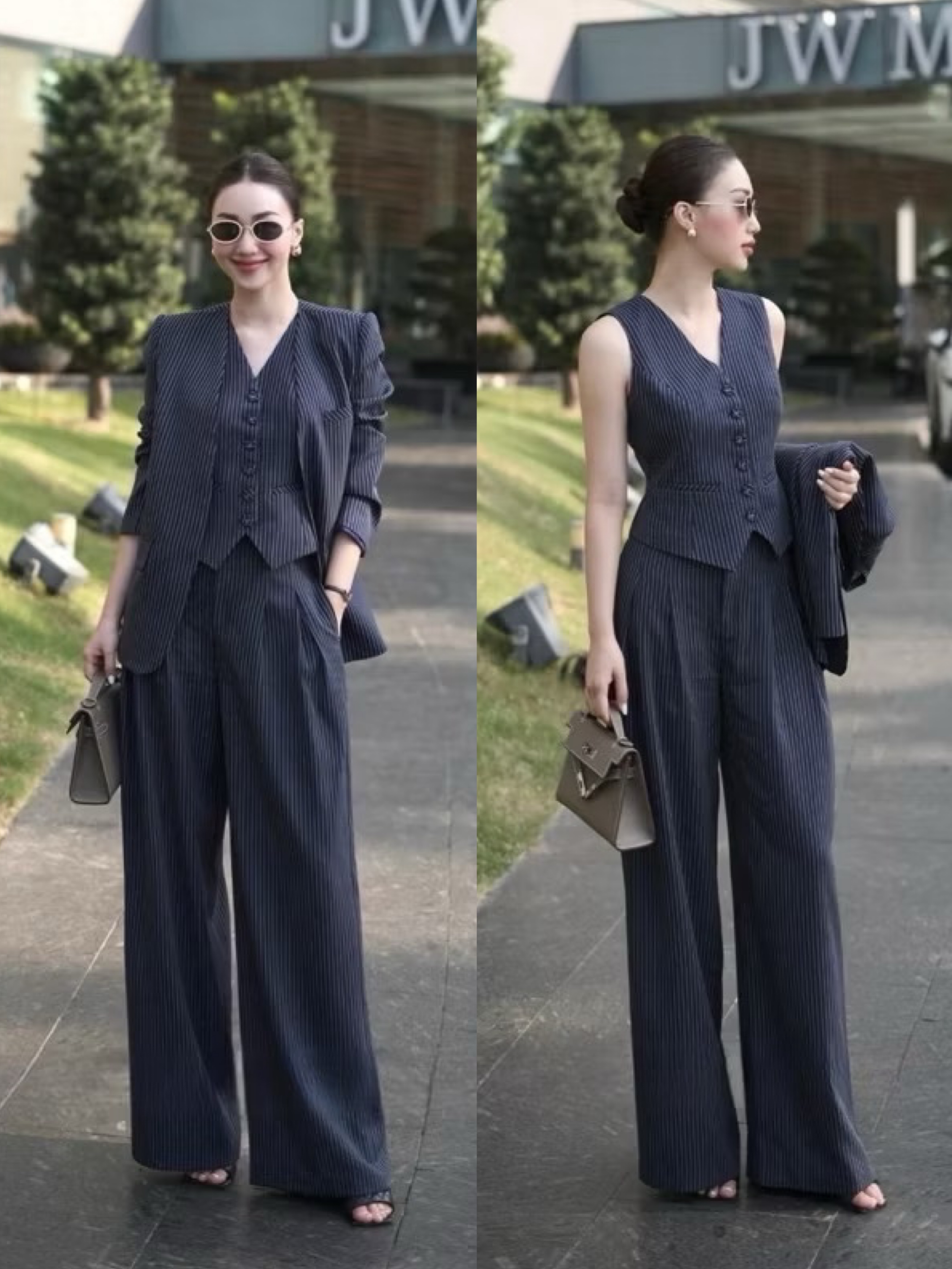 Set3ชิ้น สีกรมลายทาง เสื้อคลุมสูทแขนยาว(ไม่มีกระดุม) มีกระเป๋าใช้งานได้จริง มาพร้อมเสื้อแขนกุดตัวในมีกระดุมเรียงยาว ใส่แม๊ทช์คู่กันลงตัวมากๆ และมาคู่กางเกงขายาวทรงกระบอกทรงสวย มีตะขอซิปหน้าและมีกระเป๋า2ข้างเก๋ๆ เย็บซับในอย่างดี ใส่สบาย : สินค้าคุณภาพ (พร้