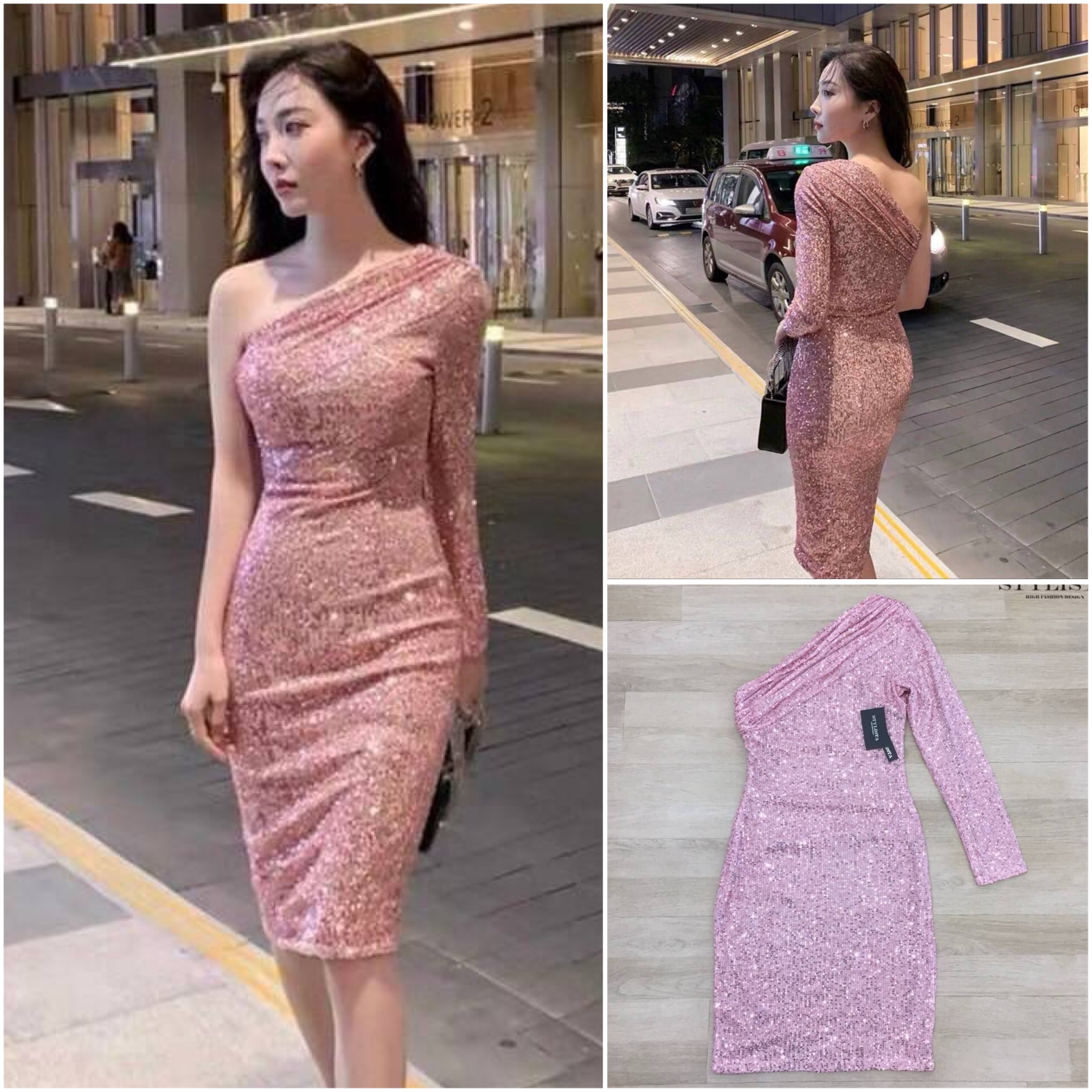 เดรสไหล่เฉียง แขนยาว ผ้าเลื่อมทั้งตัวใส่สวย เรียบหรู ดูดีมากๆ ใส่ออกงาน ใส่เที่ยว ใส่ได้ หลายโอกาส ใส่สบาย สินค้าคุณภาพ (พร้อมส่ง)