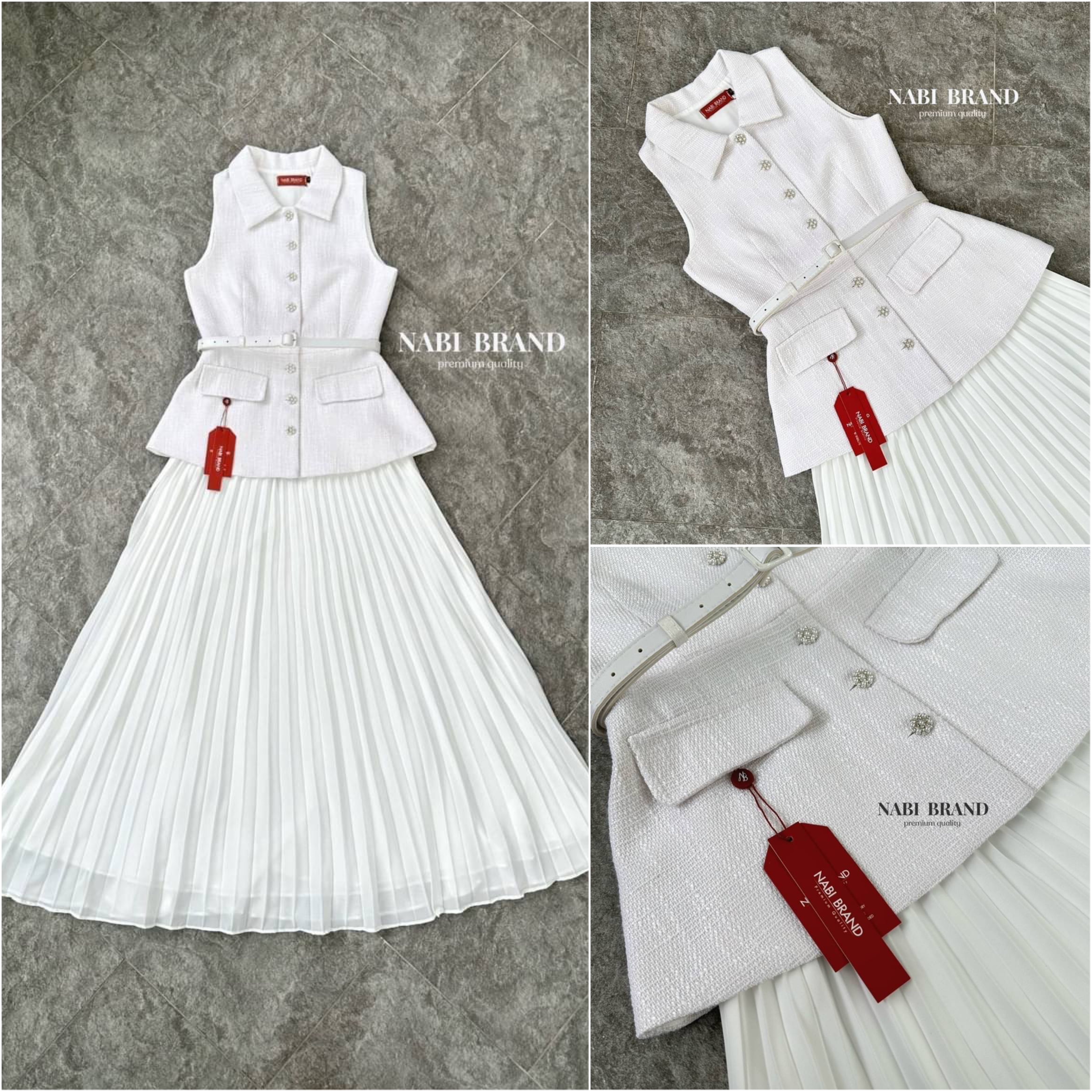 Set3ชิ้น เสื้อแขนกุดผ้าทวีต คอปก งานกระดุมหน้า มาคู่ กับ เข้มขัดและกระโปรงอัดพลีท สินค้าคุณภาพ (พร้อมส่ง)