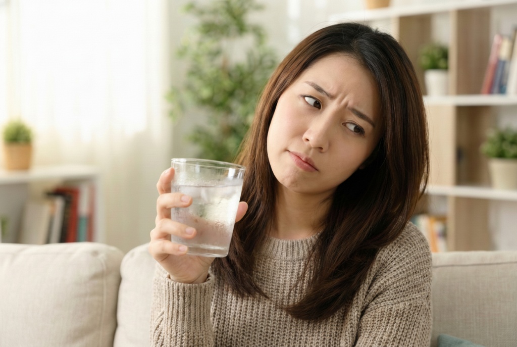 ผู้หญิงทำหน้าสงสัยถือแก้วน้ำเย็น สื่อถึงความเชื่อผิดๆ เรื่องกินน้ำเย็นแล้วไขมันเกาะคอ