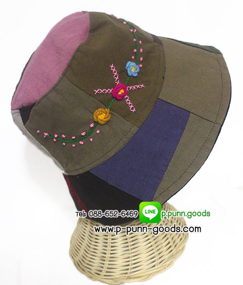 หมวกผ้าฝ้าย หมวกผ้าต่อปักดอก หมวกทรงบัคเก็ต