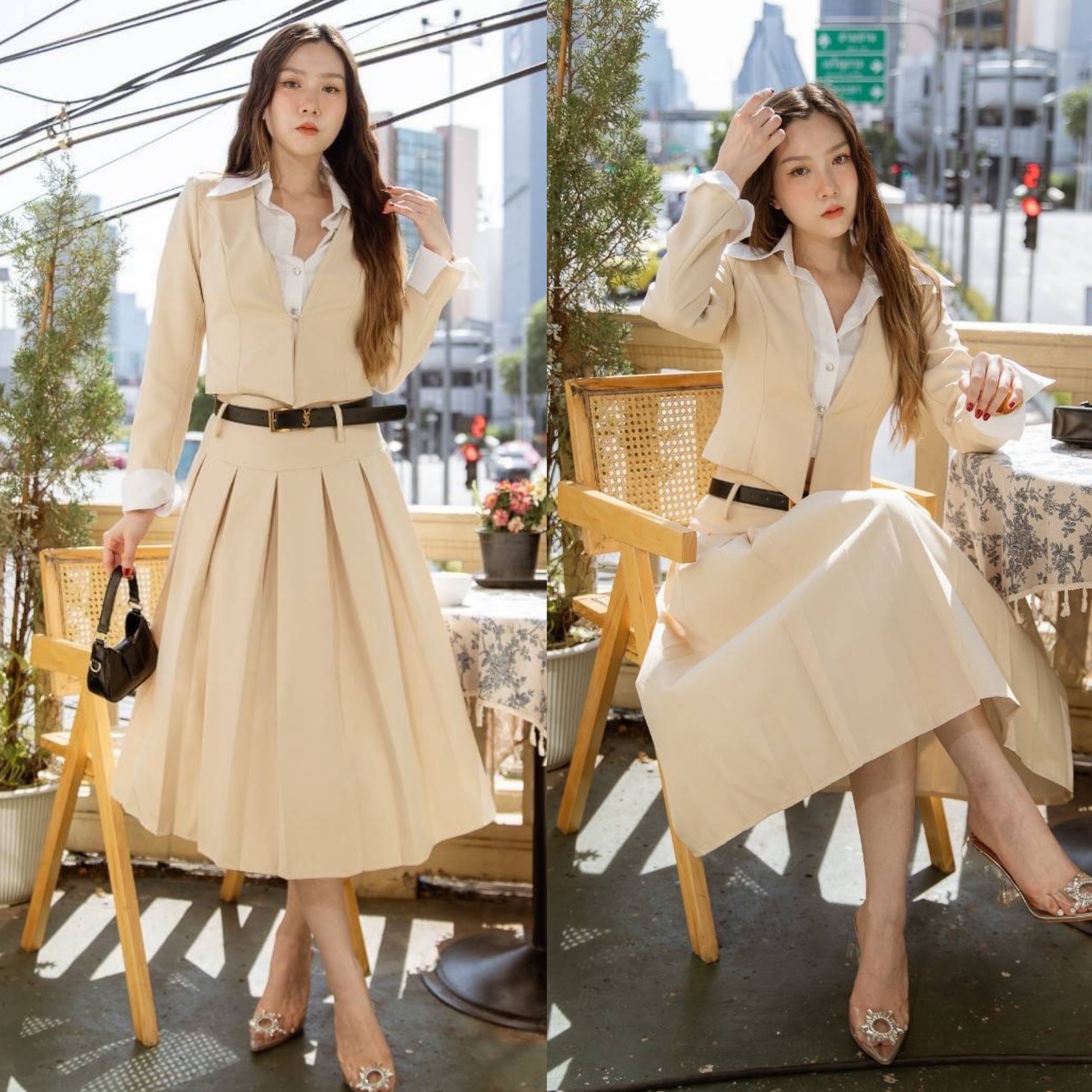 Set4 ชิ้น เสื้อเชิ๊ต2 โทนปกเชิ๊ต + กระโปรงจีบ รอบ + เข็มขัด + เข็มกลัด เข้าชุด สวยลงตัวมาก ใส่สบาย : สินค้าคุณภาพ (พร้อมส่ง)