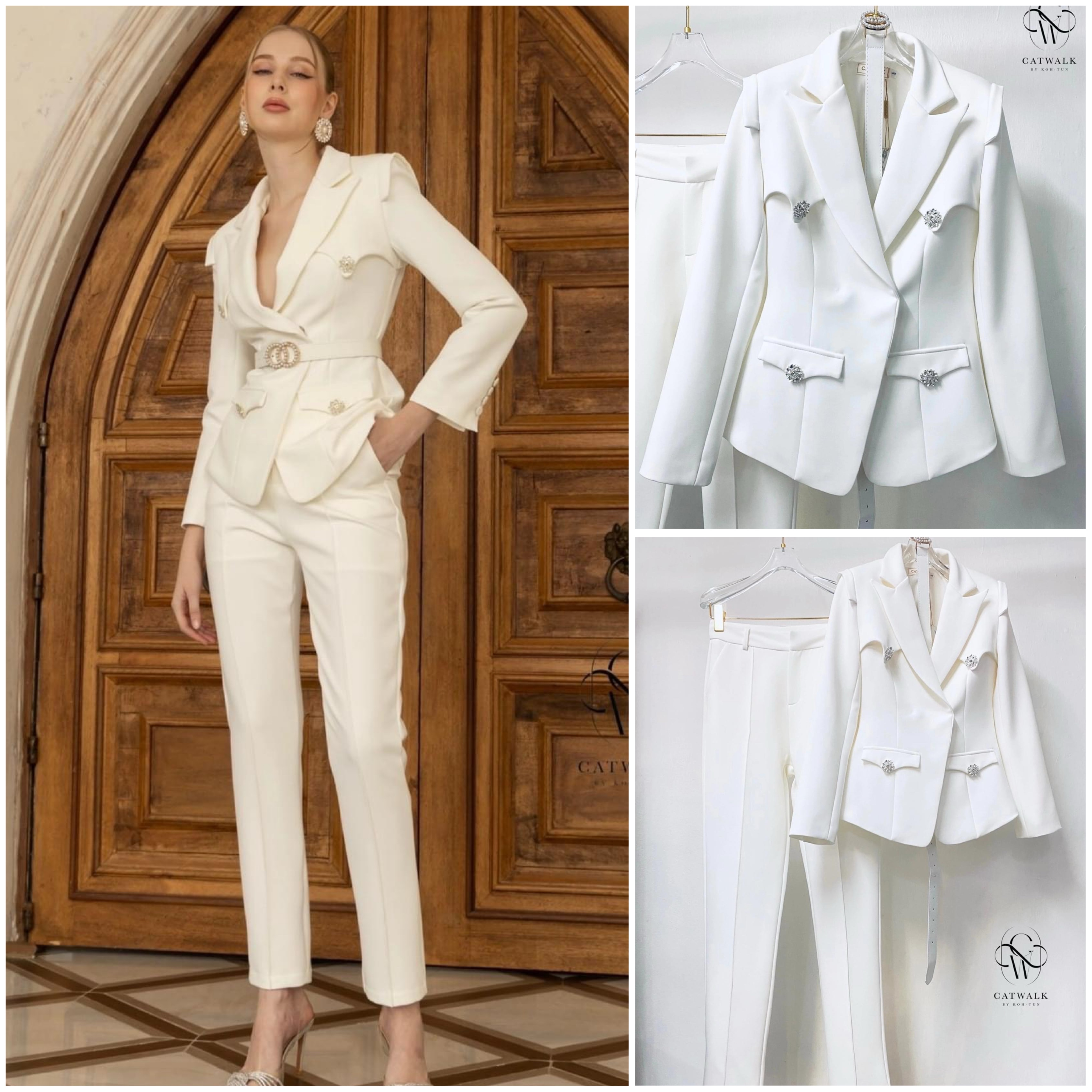 เซต BLAZER กระดุมเพชรเนื้อผ้าเกรดเอ ตัวBLAZER เป็นทรง เข้ารูปแต่งกระดุมแต่งเพชรสีเงิน มีเข็มขัดช่วย ให้ทรงเข้ารูป หัวเข็มขัดแต่งด้วยมุกดูหรูหรา สุดๆ มาคู่กับกางเกงเอวสูงทรงขากระบอกเล็ก ใส่สบาย : สินค้าคุณภาพ (พร้อมส่ง)