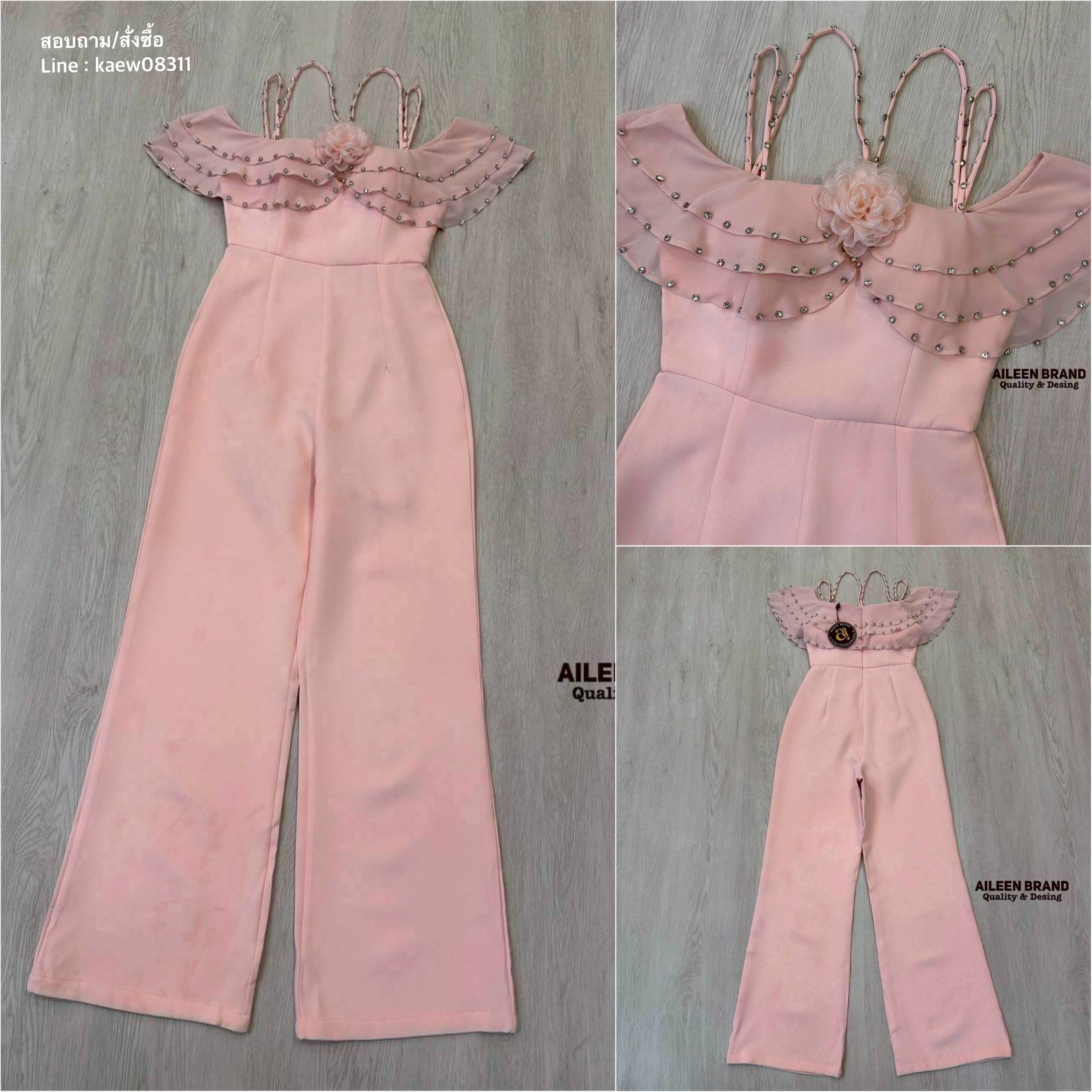 จั๊มสูทขายาว ดีไซน์สายสปาเกตตี้แต่งอะไหล่เพชร ช่วงอกแต่งระบายเป็นชั้นๆยาวปาดไหล่ติดอะไหล่ ตัวจั๊มทรงเข้ารูป กางเกงทรงกระบอกใหญ่ เนื้อผ้าดีมีซับในทั้งตัว ใส่สบาย : สินค้าคุณภาพ (พร้อมส่ง)
