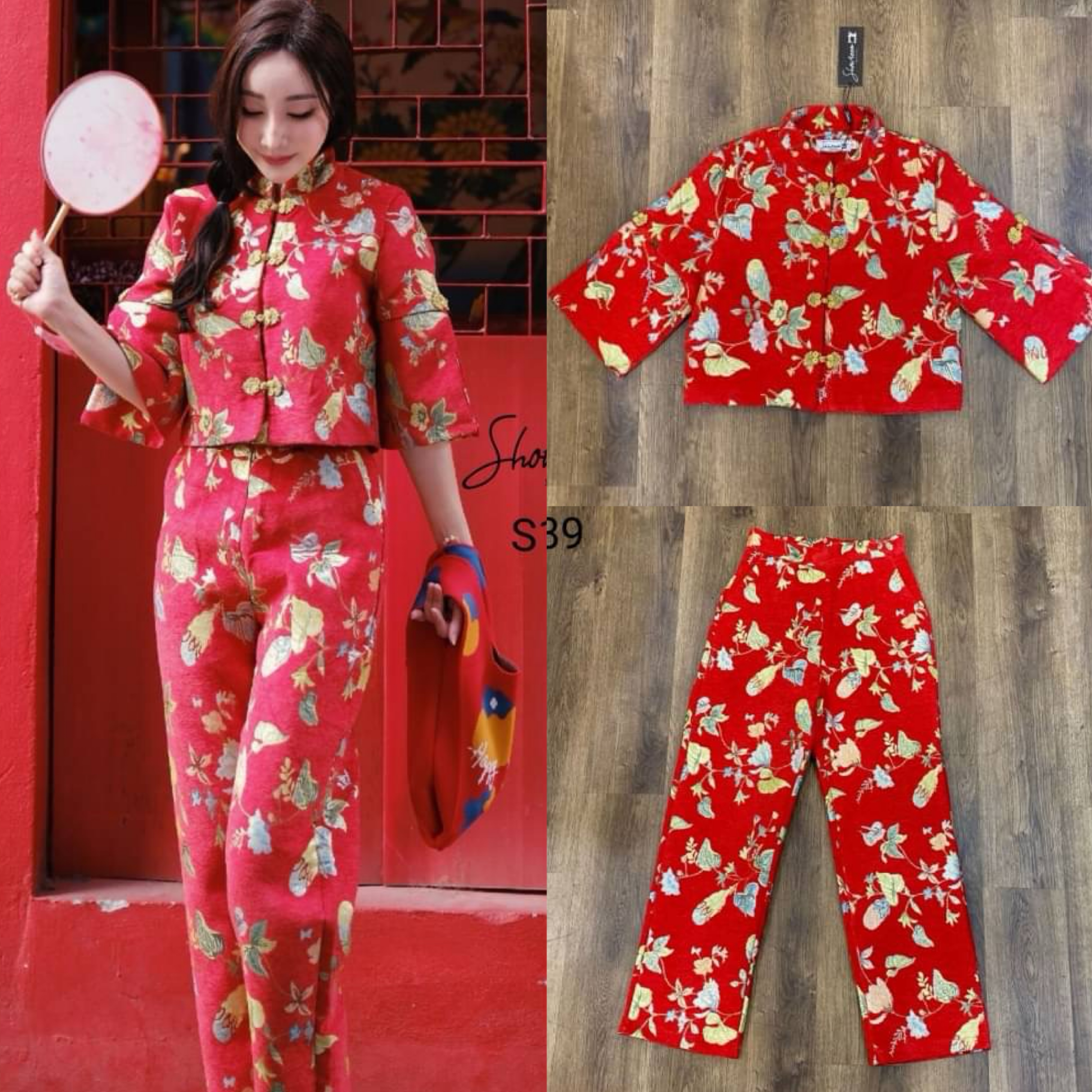 เซ็ตตรุษจีน ดีไซน์โมเดิร์นตามสไตล์ชุดกี่เพ้าเลยค่ะ ตัวเสื้อแขน3ส่วนผ่าสูง คอจีน สวมใส่ง่าย มาพร้อมกางเกงขายาวทรงขากระบอกเข้าเซ็ต ใส่สบาย : สินค้าคุณภาพ (พร้อมส่ง)