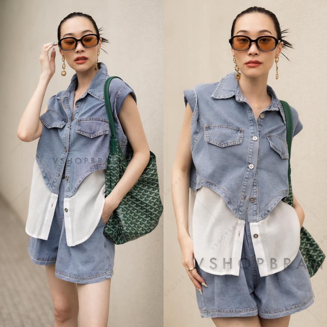 Set เสื้อยีนส์แขนกุด ชายซีทรู + กางเกงยีนส์ขาสั้น สินค้าคุณภาพ (พร้อมส่ง)