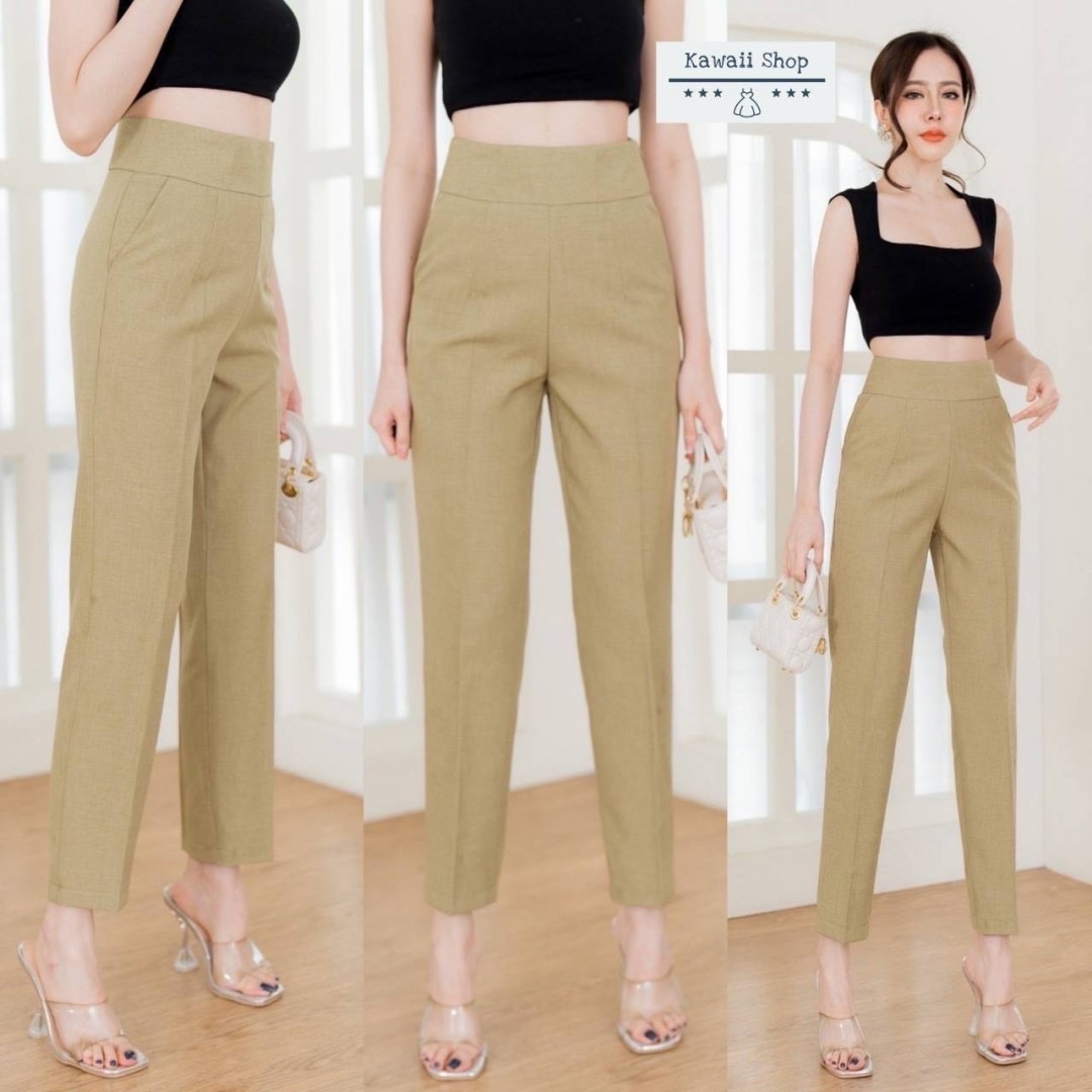 กางเกง*ขายาว8ส่วน ทรงขากระบอกเล็ก มีกระเป๋าข้าง ซิปข้าง ผ้าโซดา ใส่สบาย : สินค้าคุณภาพ (พร้อมส่ง)