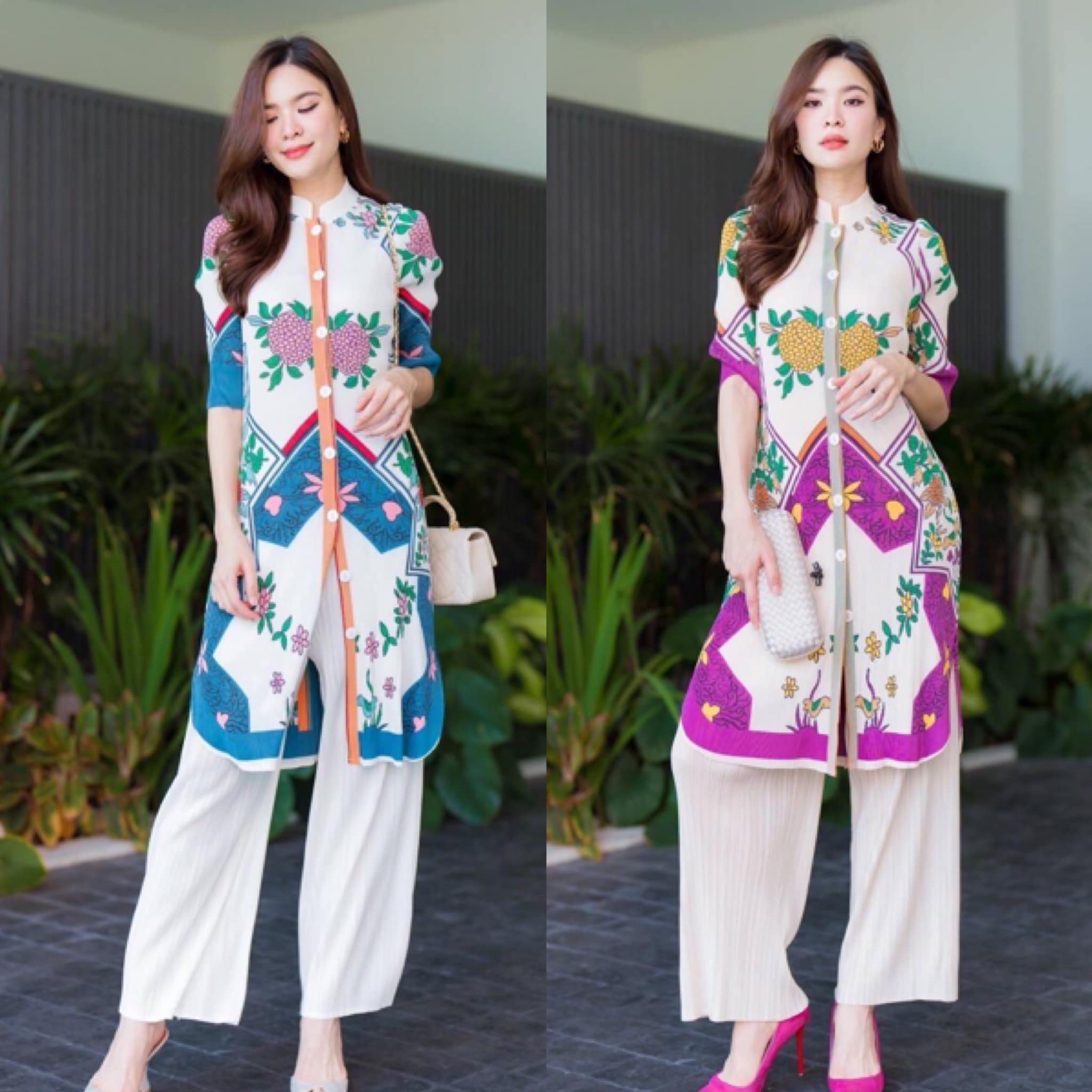 ชุดเซตผ้าอัดพลีท AA Premium เสื้อแขน 3 ส่วน คอจีนตัวยาว แต่งกระดุมเรียงยาว สีเดียวกับชุด แพทเทิร์น วาดลาดลาย สีสัน สวย สดใส สินค้าคุณภาพ (พร้อมส่ง)