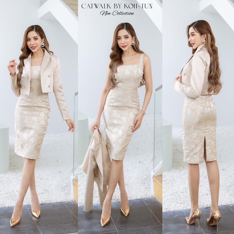 เซตเดรสผ้าทอลาย+เสื้อสูทครอป เนื้อผ้าเกรดเอ ผ้าสวยมาก ใส่สบาย สินค้าคุณภาพ (พร้อมส่ง)