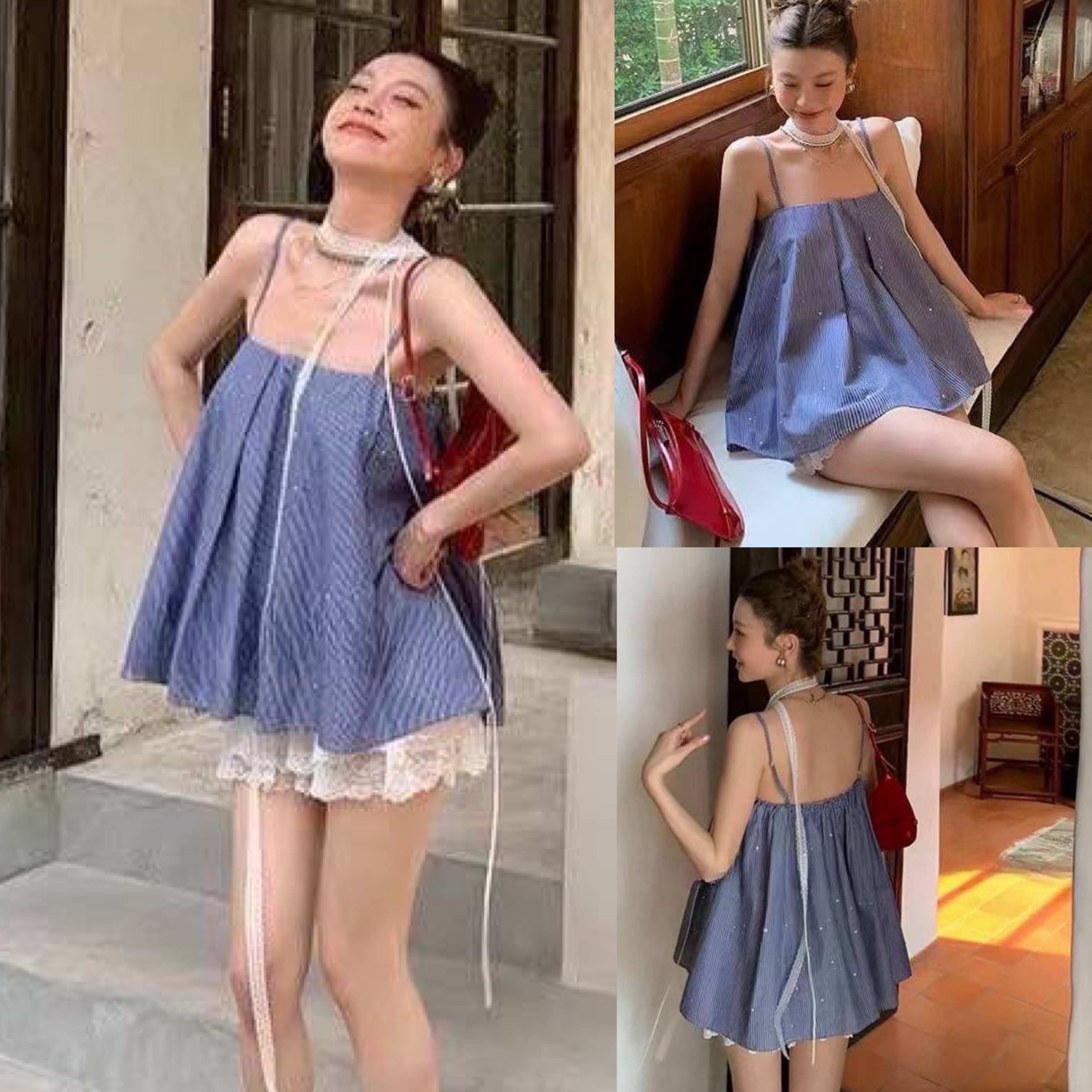 เซตเสื้อลายริ้วสีสวย ดีเทลรีดเพชรwinkทั้งตัว สายเสื้อด้านหลังสามารถปรับระดับได้ +กระโปรงสั้น ใส่สบาย : สินค้าคุณภาพ (พร้อมส่ง)
