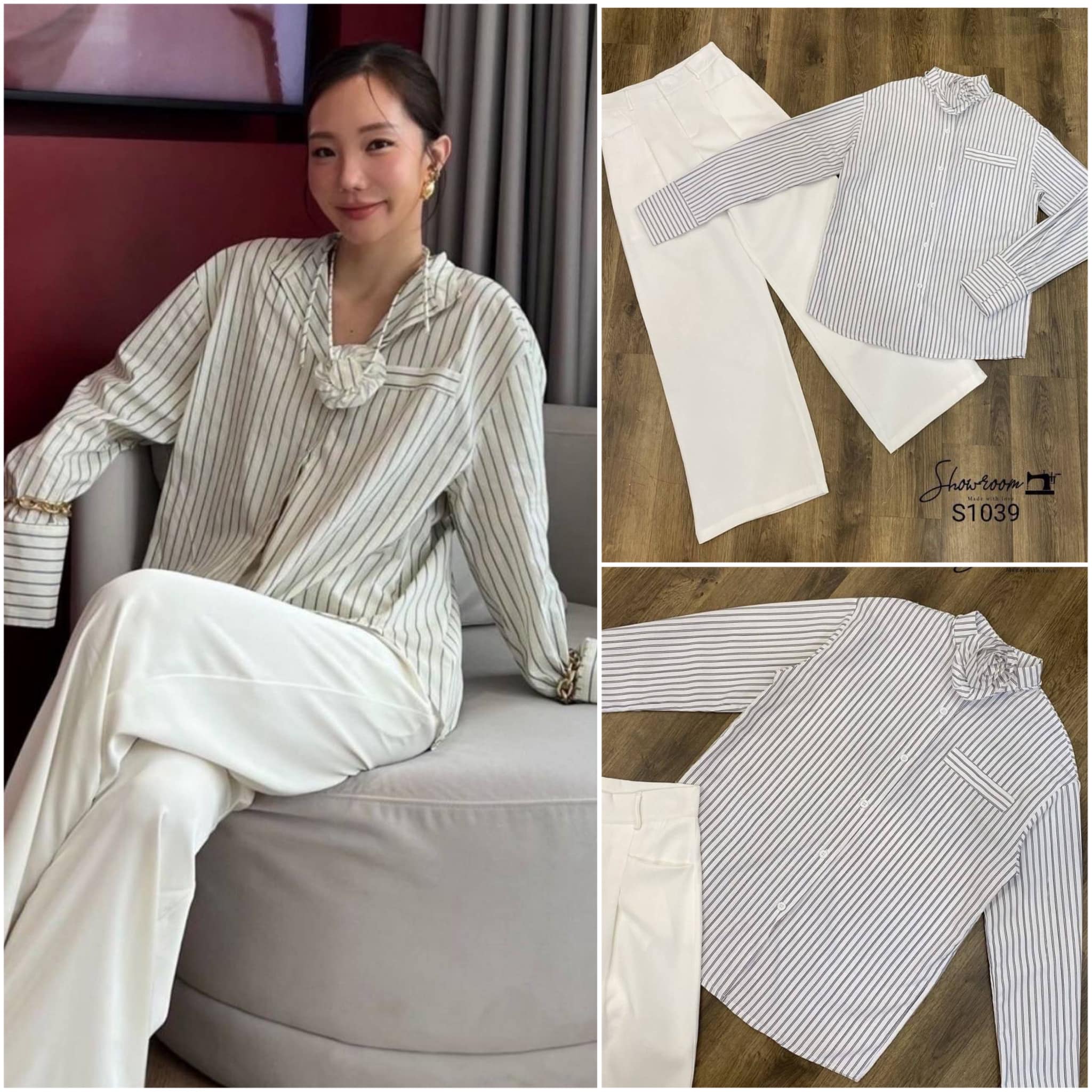 เซ็ท เสื้อ+กก+ดอกไม้ ทรงสวย ตัดมาดีมาก ตัวเสื้อคัตติ้งเนี้ยบ ลายทางขาว ดำสุดคลาสสิค ใส่สบาย สินค้าคุณภาพ (พร้อมส่ง)