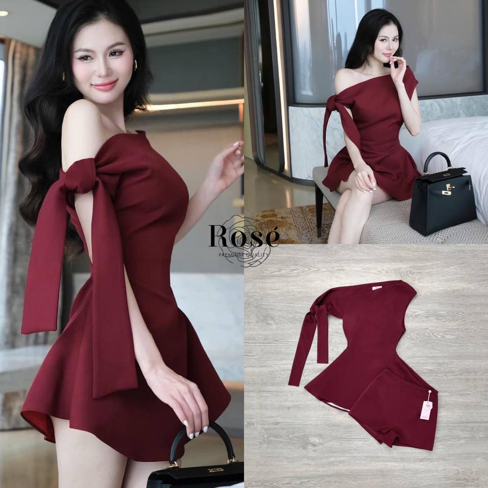 Set สีแดง burgandy เสื้อผูกข้างแขน ทรงปาดไหล่ ชายเสื้อทรงชายบาน และมีกางเกงขาสั้นมาด้วย สวยหรูสุดๆ ใส่สบาย : สินค้าคุณภาพ (พร้อมส่ง)