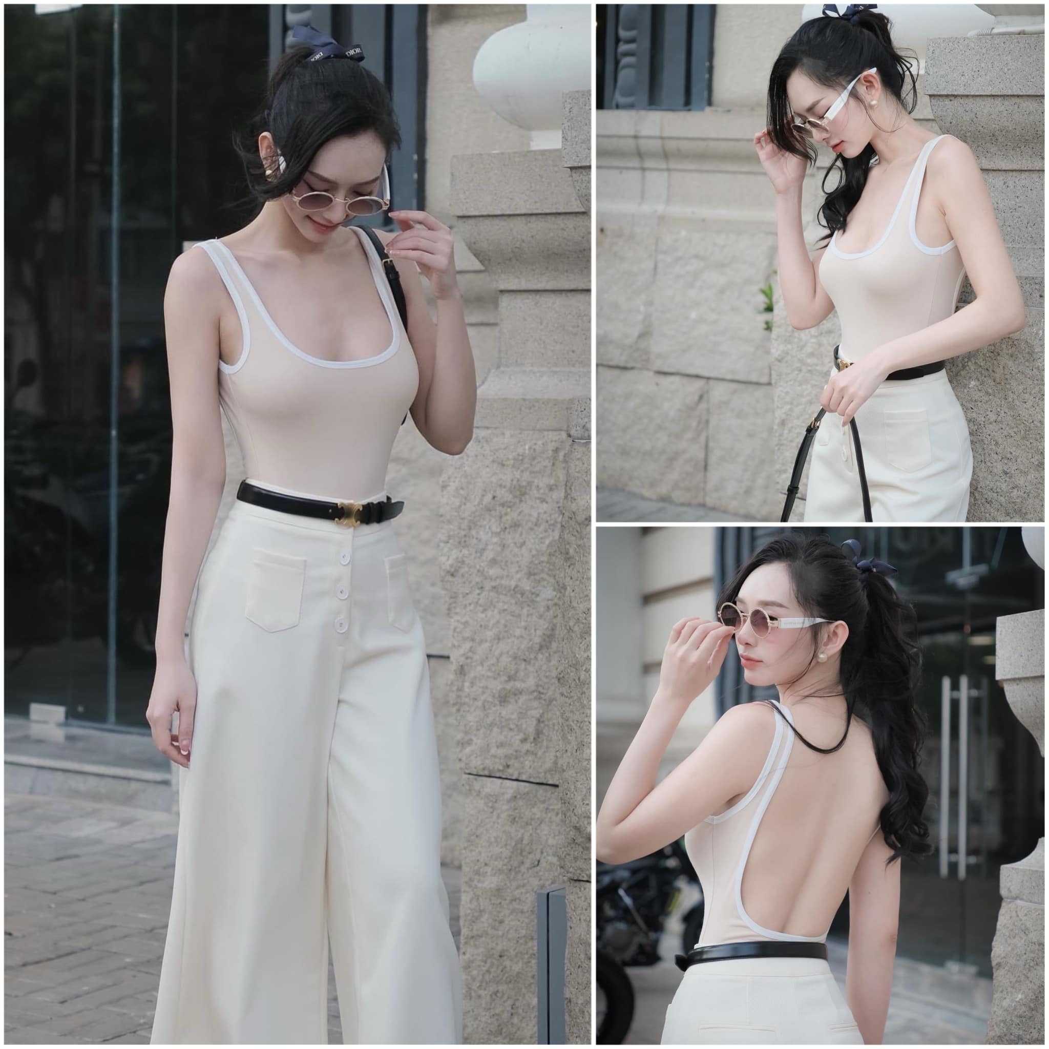 เซทเสื้อกล้ามบอดี้สูทสีนู้ดตัดขอบ สีขาว มากับกางเกงขายาว ผ้าดีมีน้ำหนัก มีเข็มขัดรัดเอวอย่างดี ใส่สบาย สินค้าคุณภาพ (พร้อมส่ง)