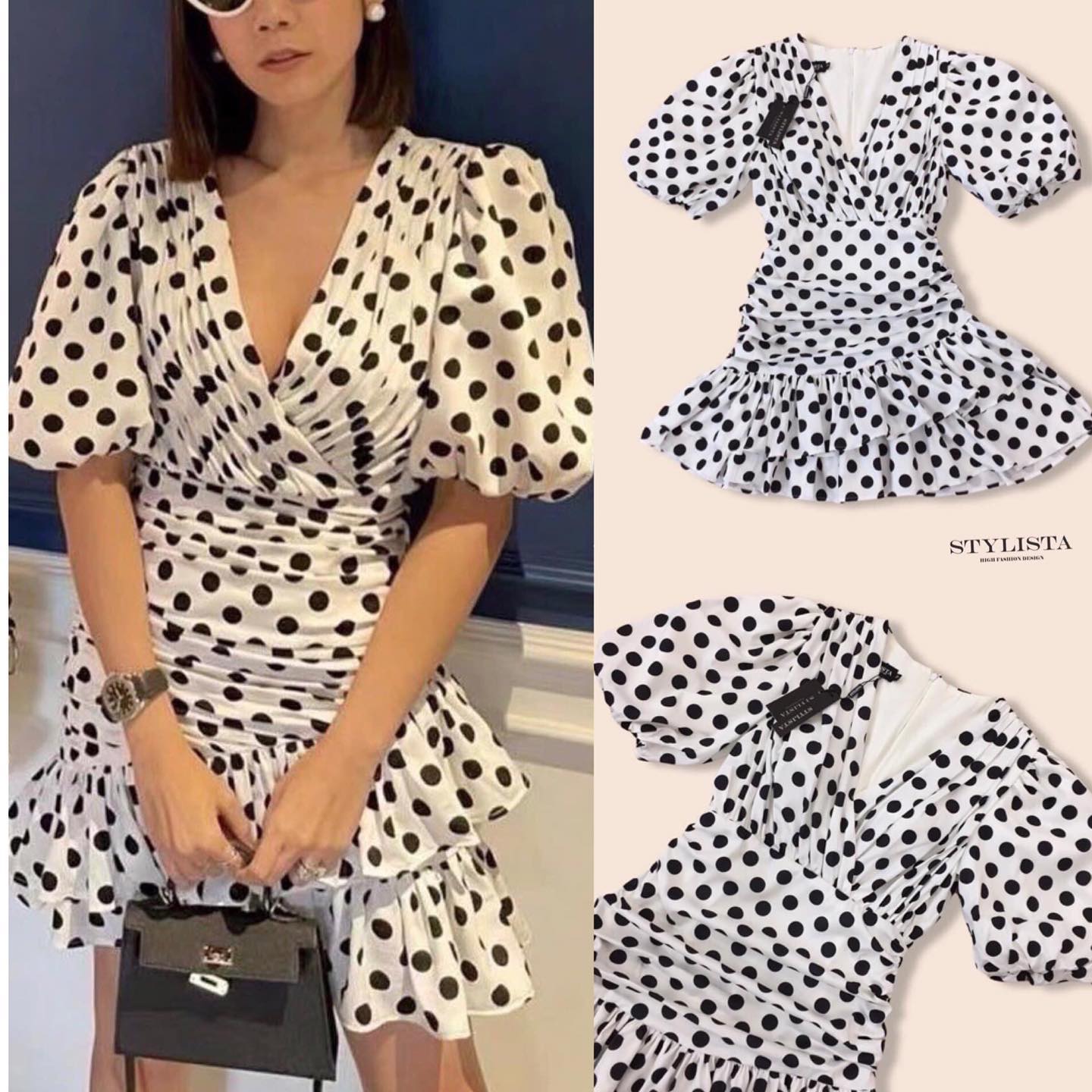 เดรสลายดอทดำทั้งตัว เเขนสั้น กระโปรงเป็นริ้วระบาย 2 ชั้น ทรงพอดีตัว ใส่สวยมากๆ ดูดีเหมือนเซเลปเลยค่ะ สวยเปะเวอร์ ใส่เที่ยว ใส่ได้หลายโอกาส สินค้าคุณภาพ (พร้อมส่ง)