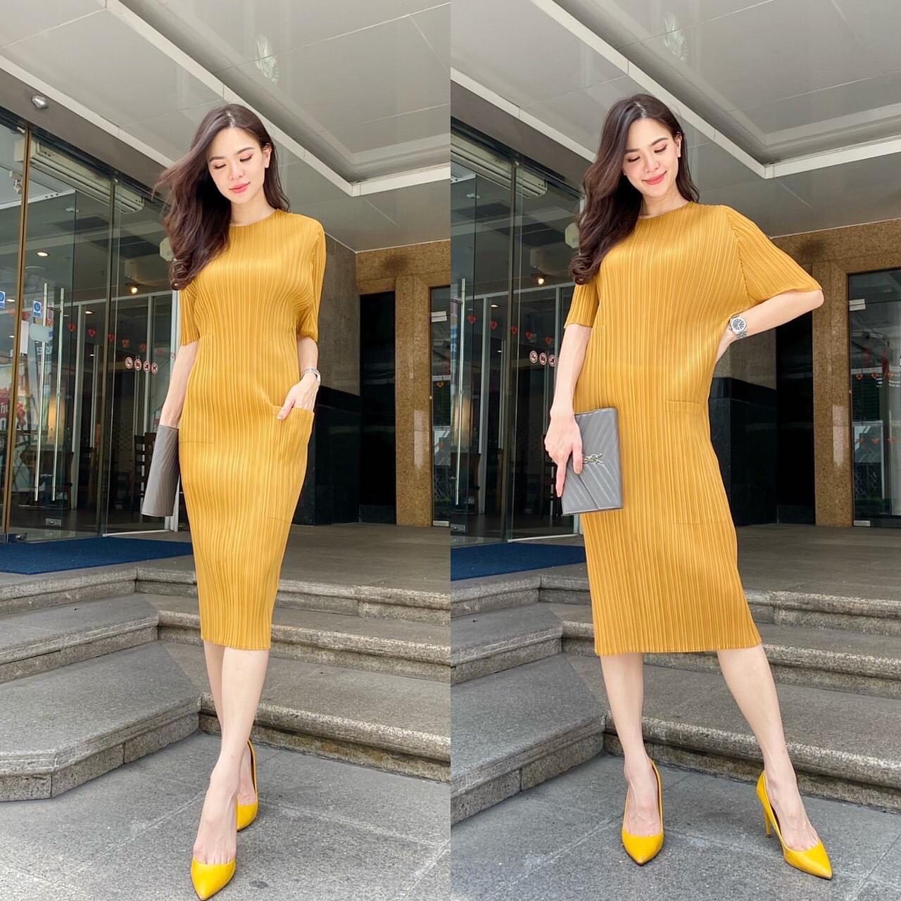 เดรสอัดพลีท งานสวยไฮโซ ทรงคอกลม แขน 3 ส่วน 😍 ชายเดรสเข้าเคร์ฟนิดๆ เพิ่มดีเทล ด้วยกระเป๋าเจาะ สินค้าคุณภาพ (พร้อมส่ง)