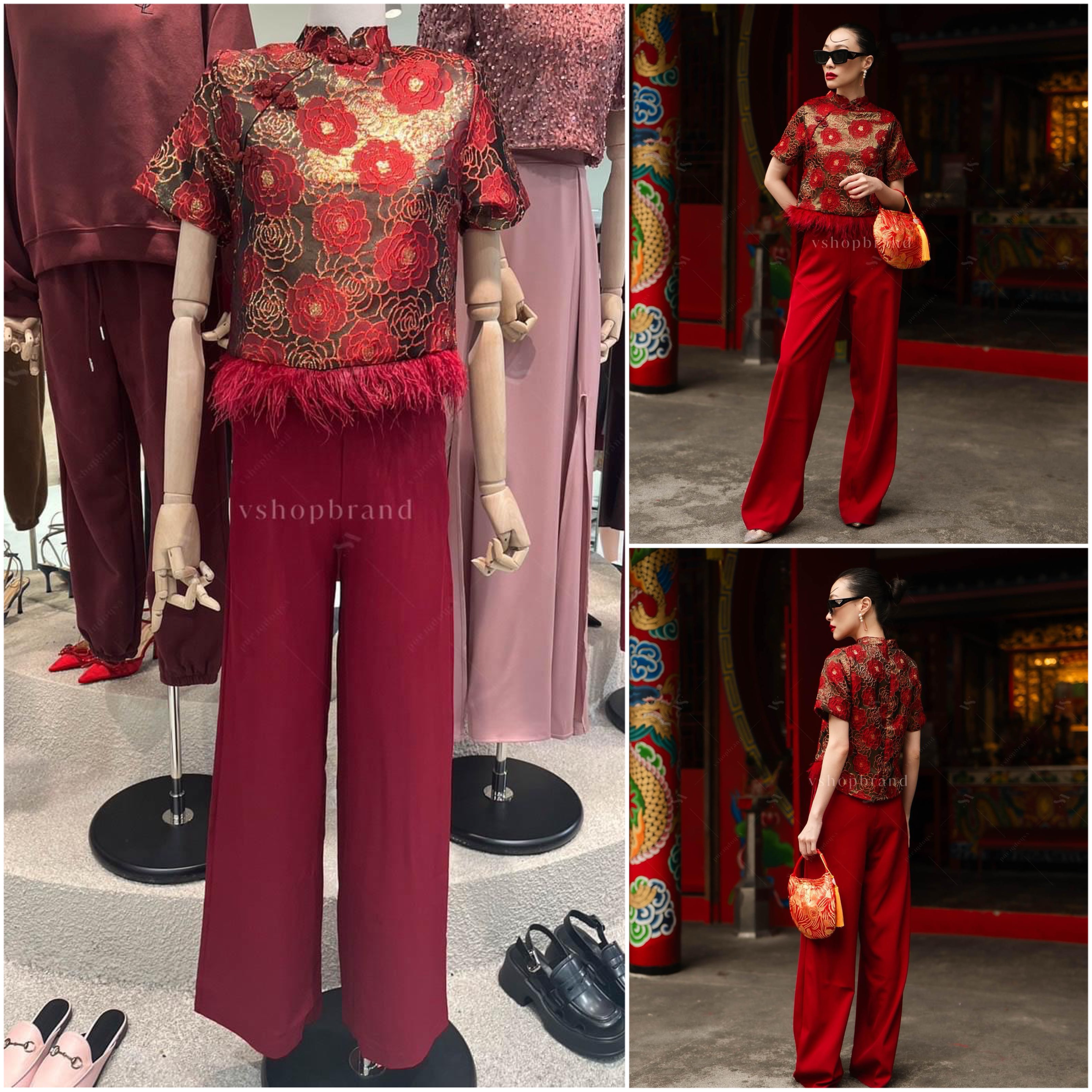 Set กี่เพ้า เสื้อแขนสั้นลายดอกชายขนนก + กางเกงขายาวผ้าพื้น สินค้าคุณภาพ (พร้อมส่ง)