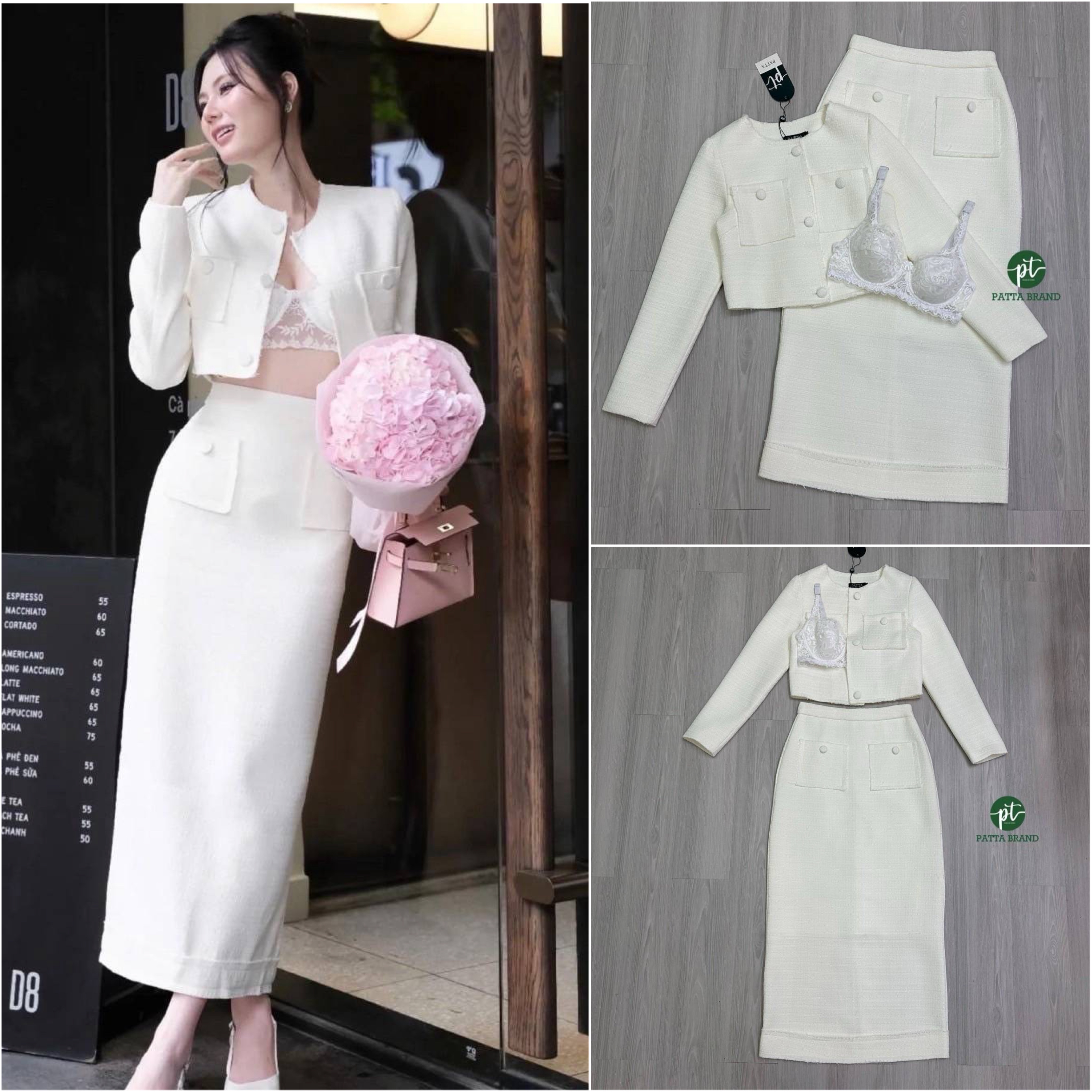 Set 3 ชิ้น สีครีม เสื้อครอปบรา ลูกไม้สีขาวสายสปาเกตตี้ มาพร้อมกับเสื้อคลุม ตัวสั้นคอกลมแขนยาว มีกระดุมหน้าใช้งานได้จริง มีกระเป๋าตรงอก และมาคู่กับกระโปรงยาวทรงสอบ เอวสูงซิปด้านหลัง เพิ่มความน่ารักด้วยกระเป๋าตรง สะโพกด้านหน้า และดีเทลผ่าหลัง ใส่สบาย : สินค