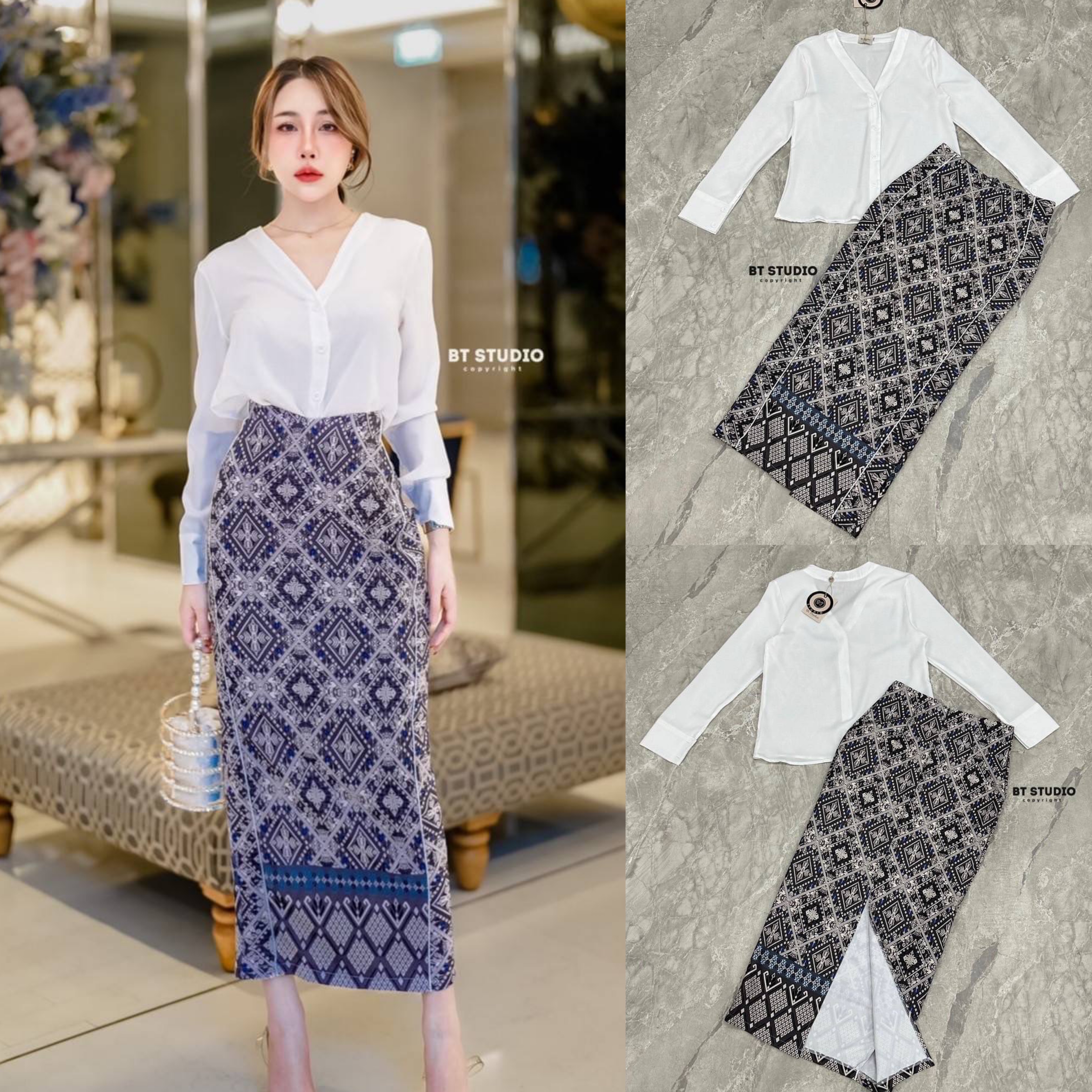 เซท 2 ชิ้น เสื้อเชิ้ตสีขาวแขนยาวคอวีกระดุมหน้า แมทซ์กับกระโปรงลายผ้าไทยประยุกต์ยาวผ่าหลัง แต่งกุ้นเส้นแทบสองข้าง งานสวยเนื้อผ้าดี สินค้าคุณภาพ (พร้อมส่ง)