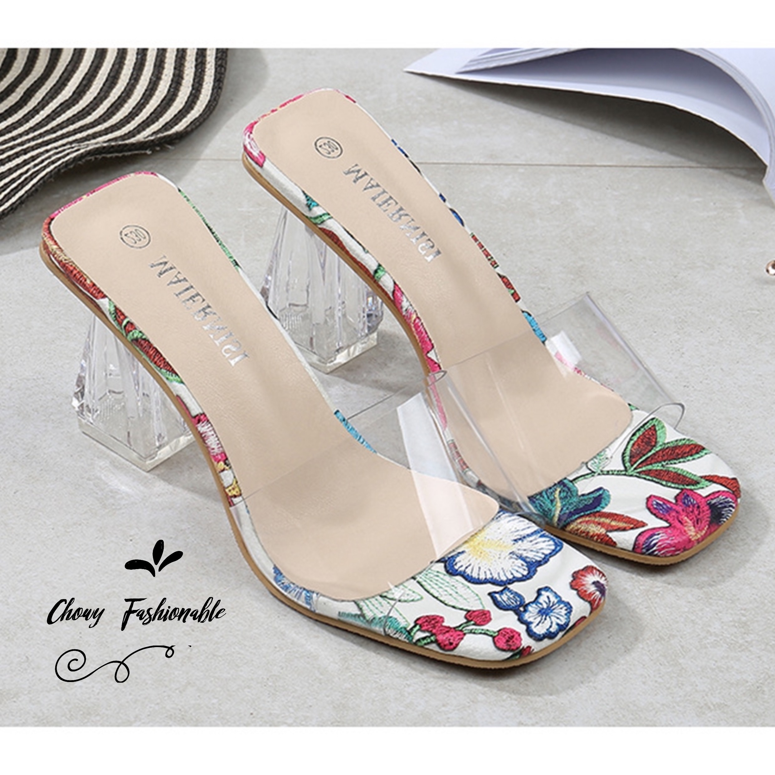 รองเท้าไซส์ใหญ่ 41-46 รองเท้าแตะมีส้น สูง 3 นิ้ว ส้นแก้วใส ด้านบน PU นิ่มใส CHOWY KR0960BU