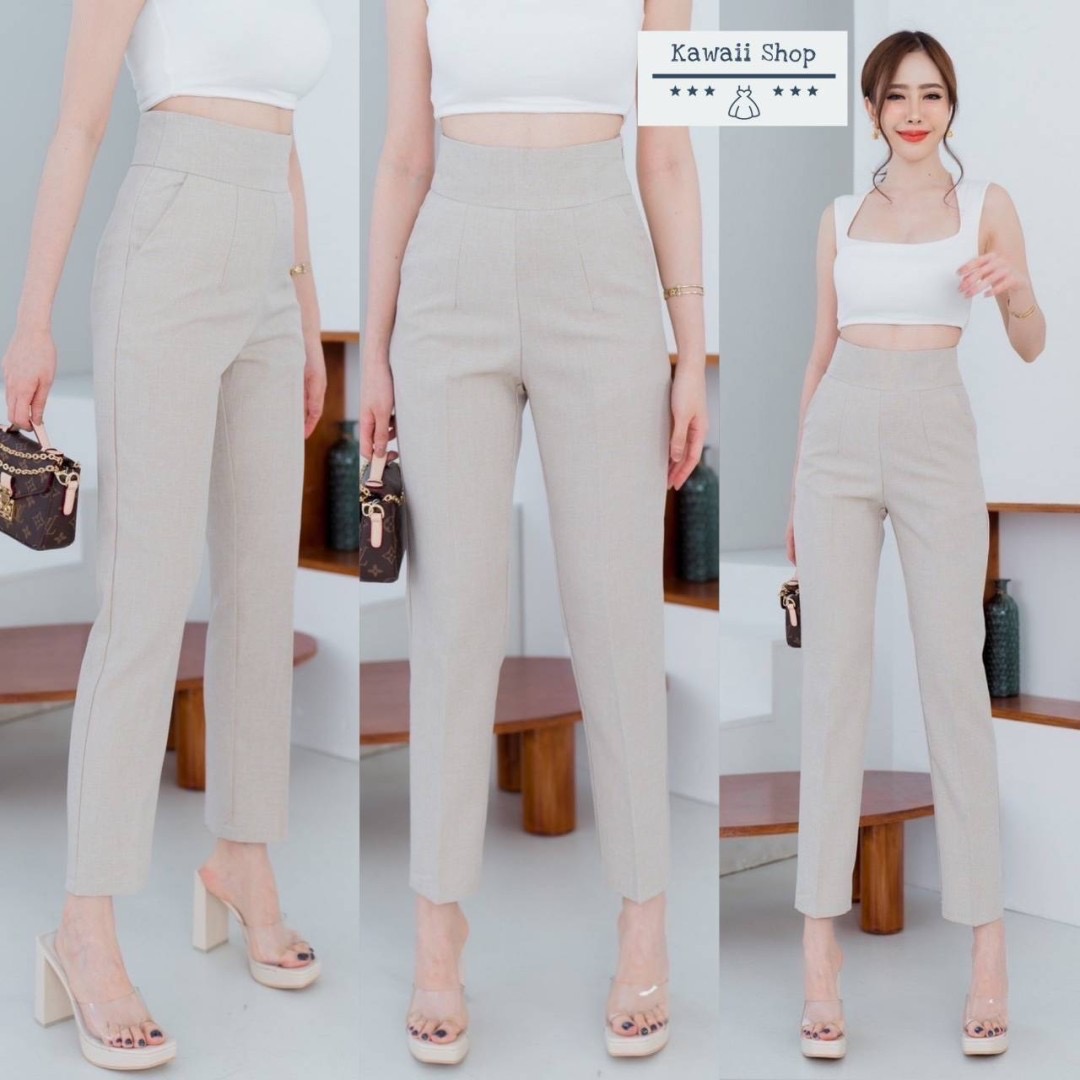 กางเกง*ขายาว8ส่วน ทรงขากระบอกเล็ก มีกระเป๋าข้าง ซิปข้าง ผ้าโซดา ใส่สบาย : สินค้าคุณภาพ (พร้อมส่ง)