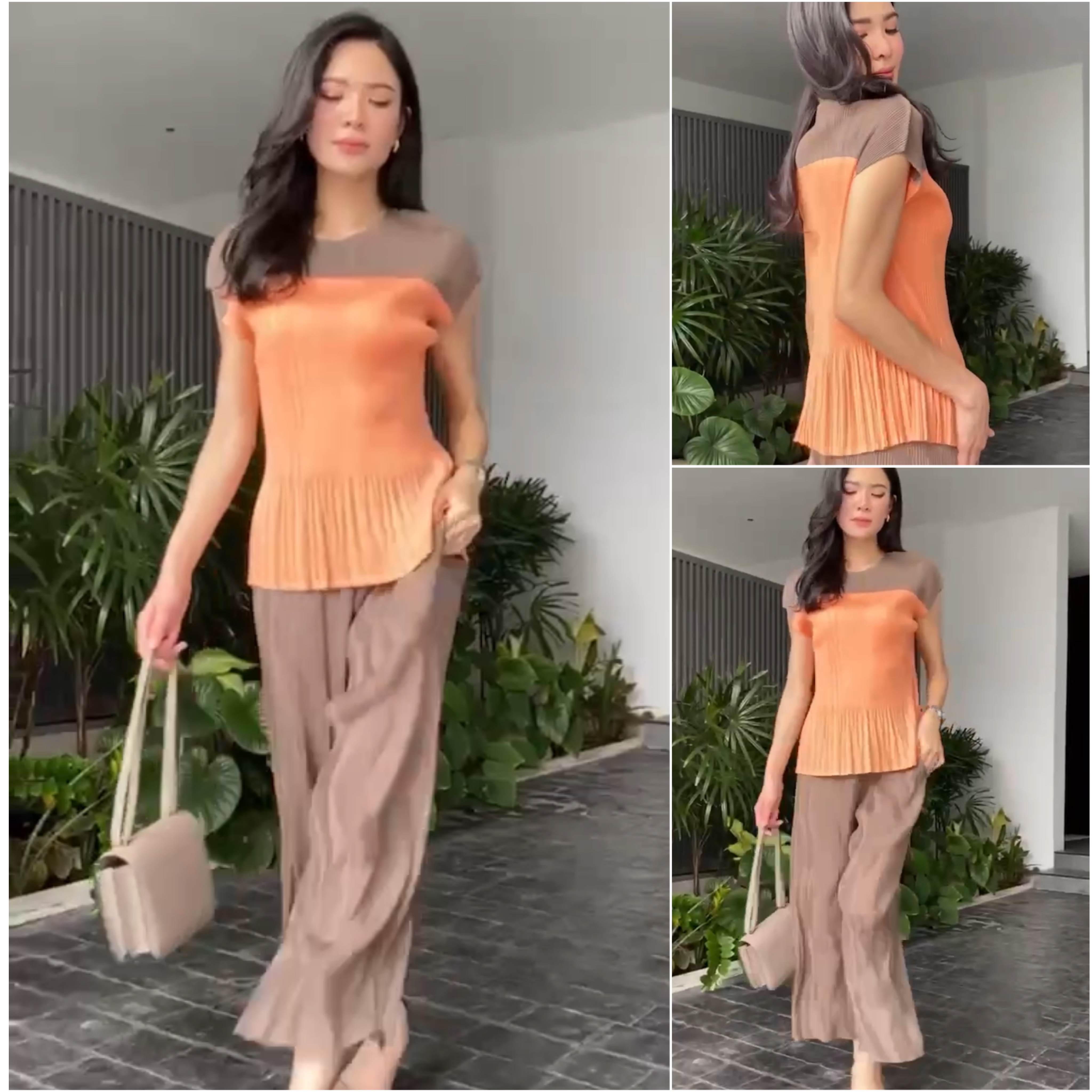 ชุดเซตผ้าอัดพลีทเนื้อดี แบบงาน Brand🥰 เสื้อทรงคอกลม ไหล่ล้ำ ตัดต่อทูโทน +กางเกงเอวสมอค อัดพลีท ลายเกลียวคลื่น 🌊🌊 ทรงขาบาน ทิ้งตัวสวยๆ ใส่สบาย : สินค้าคุณภาพ (พร้อมส่ง)