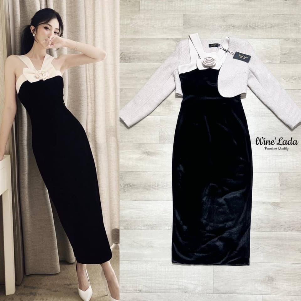 Set 3 Pcs. เดรสผ้ากำมะหยี่สีดำตัวยาวทรงสอบ ตัดด้วยสายสีครีม มีเข็มกลัดดอกไม้เพิ่มความปัง ผ่าด้านหลัง หน้าอกมีฟองน้ำ มาพร้อมเสื้อคลุมแขนยาวผ้าทวิต ใส่สบาย : สินค้าคุณภาพ (พร้อมส่ง)